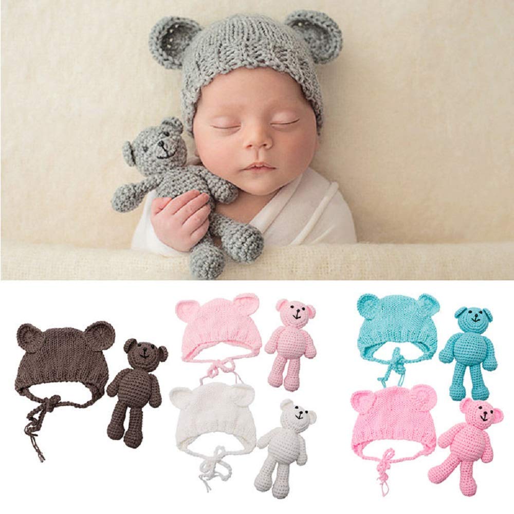 Adorable Newborn Baby Crochet Knit Costume Set - Photography Prop with Bear Hat & Doll for Newborn Photo Shoots, Baby Showers & First Birthday Parties