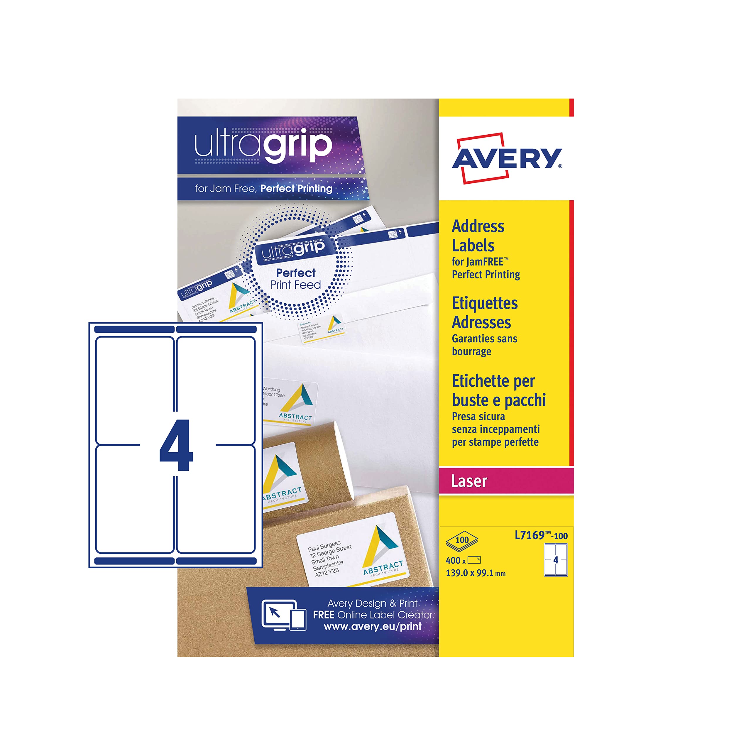 Avery L7169-100 White Laser Printer Labels - 400 Sheets, 99.1 x 139.0 mm (3.9 x 5.5 in) - Perfect for Mailing, Shipping & Office Organization