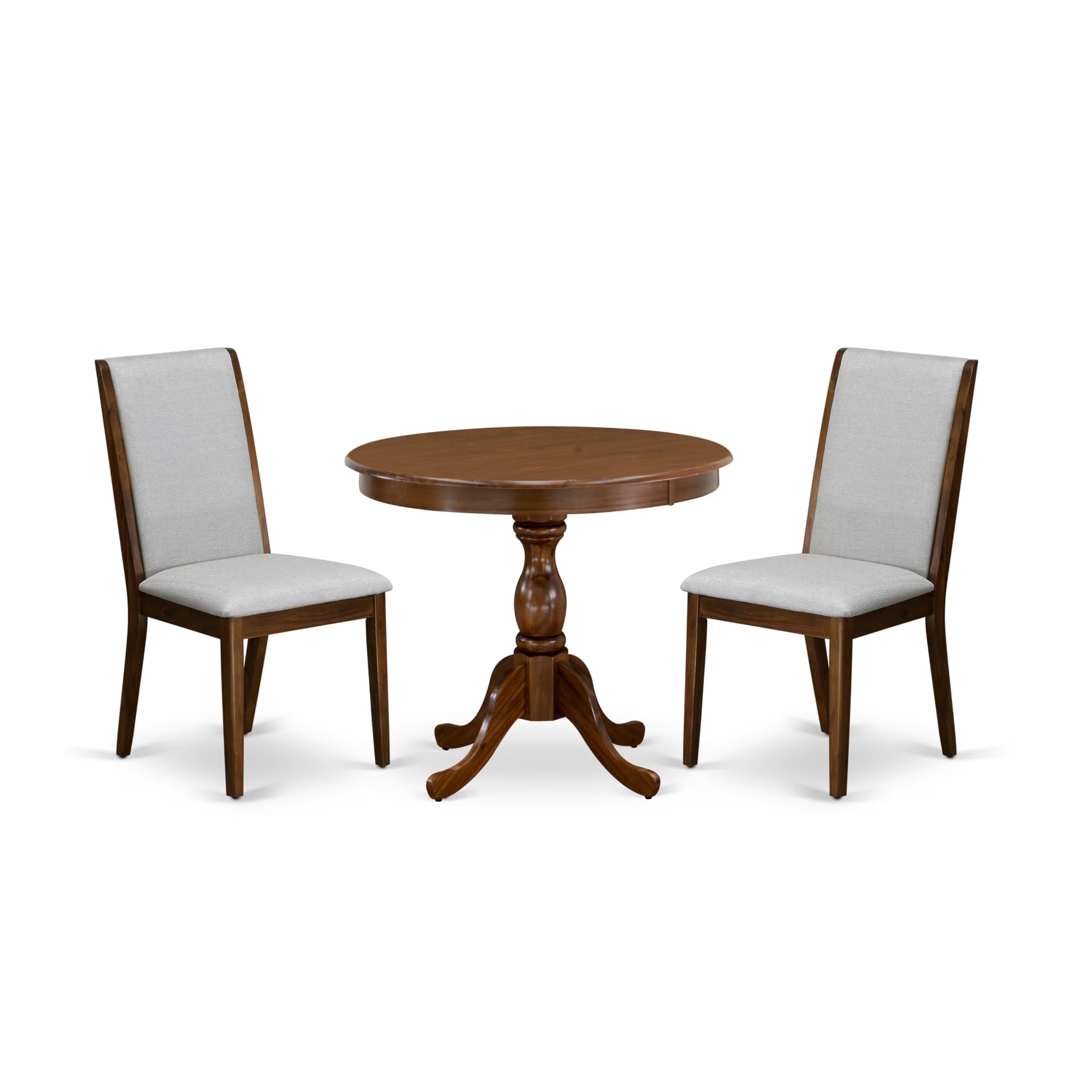 East West Furniture AMLA3-AWA-05 3-Piece Round Kitchen Dining Set - 36x36 Inch Walnut Pedestal Table with 2 Grey Linen Fabric Parson Chairs - Perfect for Small Spaces, Breakfast Nooks & Cozy Apartments