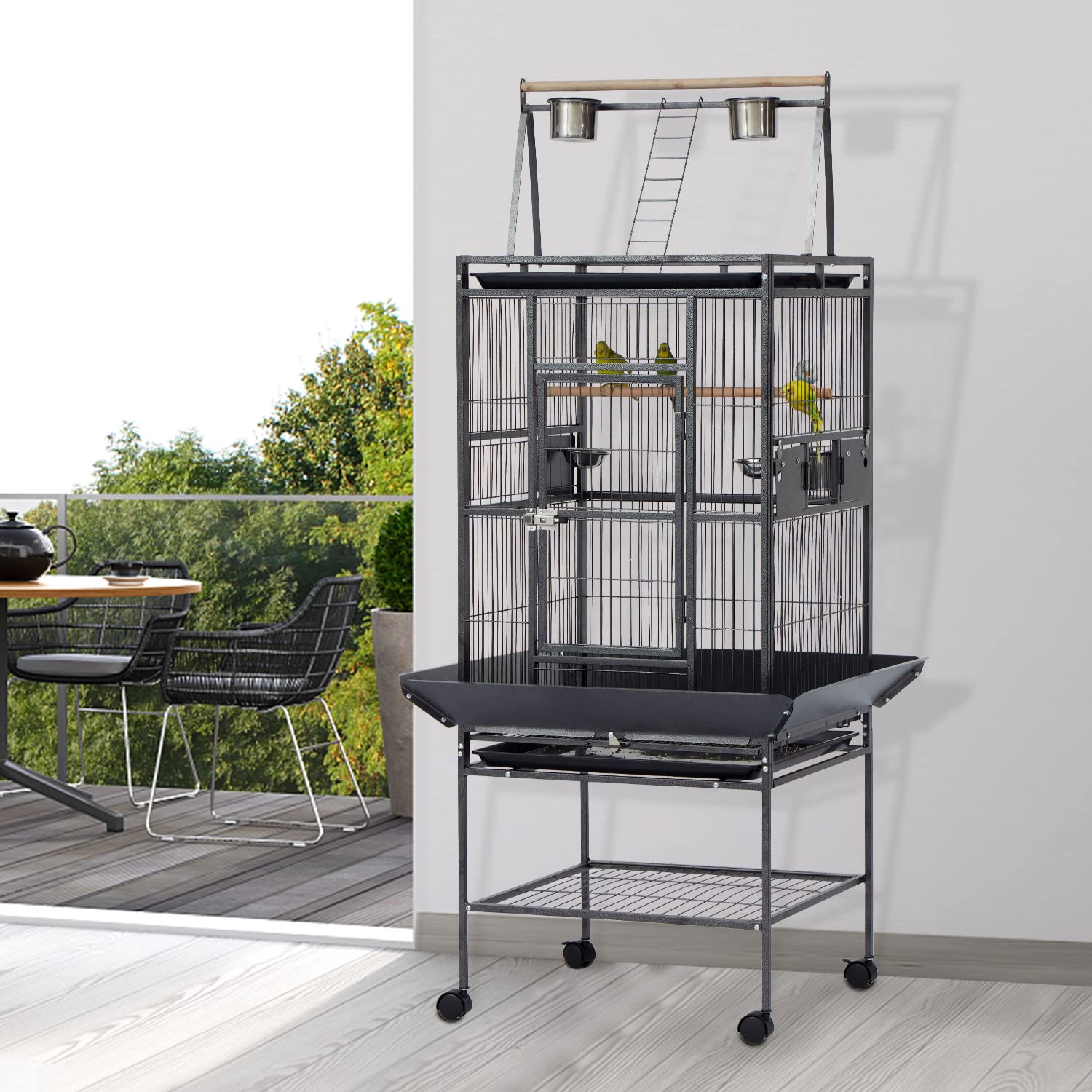 Kinpaw 68 Inch Large Bird Cage with Open Play Top - Wrought Iron Parrot Cage with Rolling Stand, Castor Wheels & Feeding Bowls for Cockatiels, Finches & Pet Birds (Black) - Perfect for Home, Office or Aviary Use