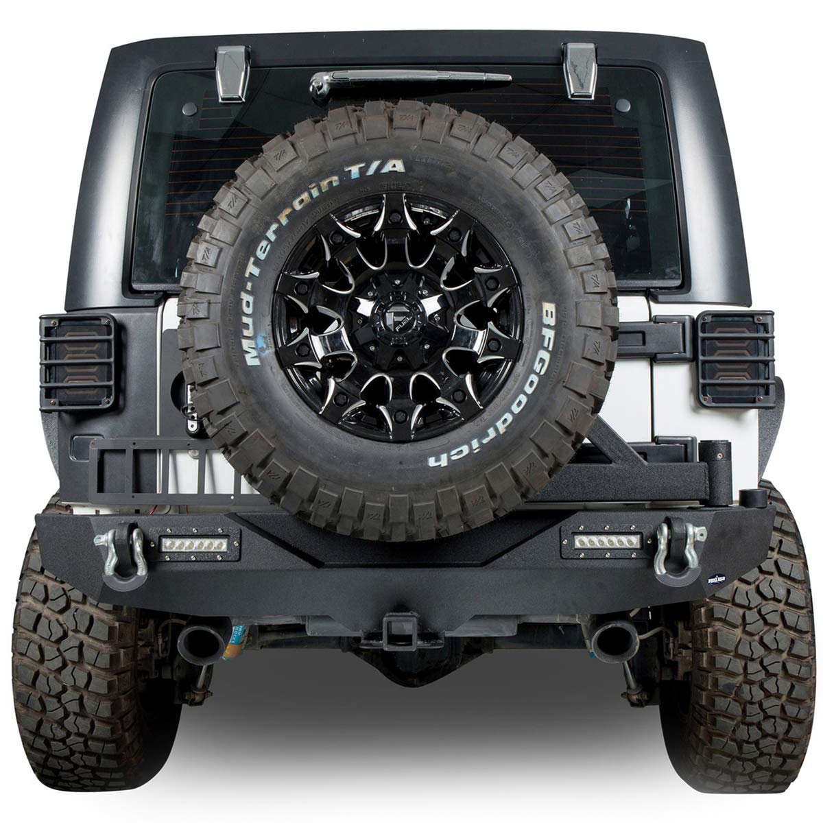 Jeep Wrangler JK Rear Bumper with Tire Carrier, Hitch Receiver & 2x 18W LED Floodlights - Compatible with 2007-2018 JK & Unlimited Models | Off-Road Adventure, Camping & Trail Riding Accessory