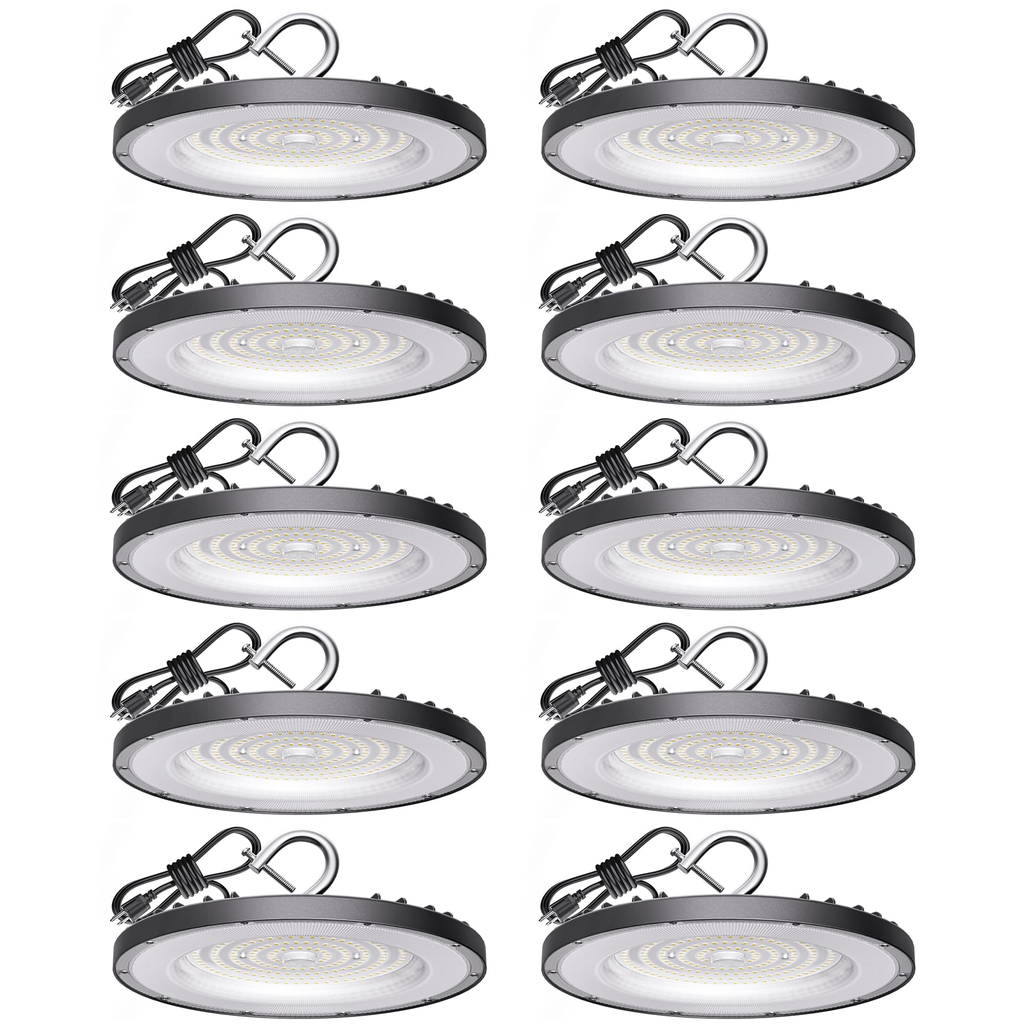10 Pack UFO LED High Bay Light 150W, 21000 Lumens, 5000K Daylight White - Commercial & Industrial LED Shop Lights with US Plug for Warehouse, Workshop, Factory, Barn - Energy Efficient Plug & Play Lighting for High Ceiling Spaces