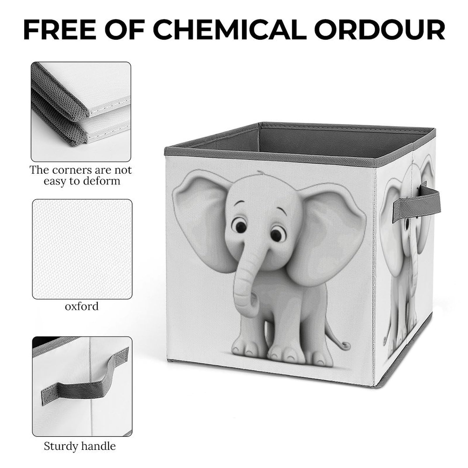 Collapsible Storage Cubes with Handles - 10.6×10.6 Inch Foldable Fabric Bins for Home Organization | Elephant Print Design | Perfect for Closet, Nursery, Office & Toy Storage