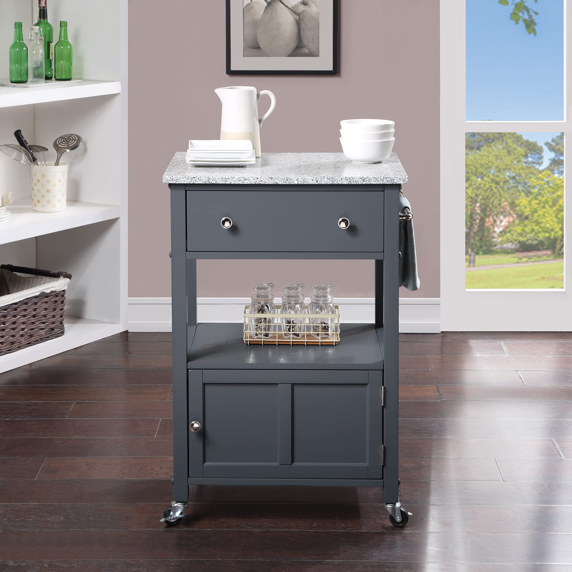 OSP Fairfax Kitchen Cart with Granite Top, Storage Drawer & Cabinet - Mobile Kitchen Island for Small Spaces, Food Prep & Extra Counter Space - Grey