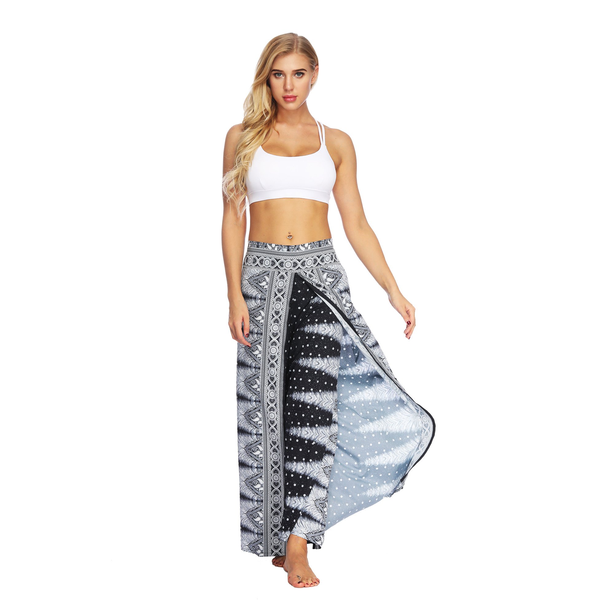 Women's High Waist Slit Wide Leg Pants - Bohemian Hippie Casual Yoga Pants for Summer Beach, Lounge & Vacation Wear