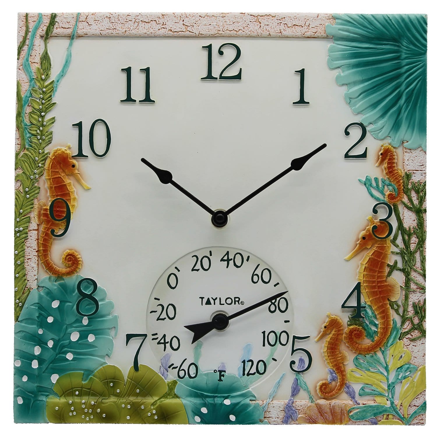 14x14 Seahorse Wall Clock with Built-in Thermometer - Perfect for Home, Office, and Beach House Decor