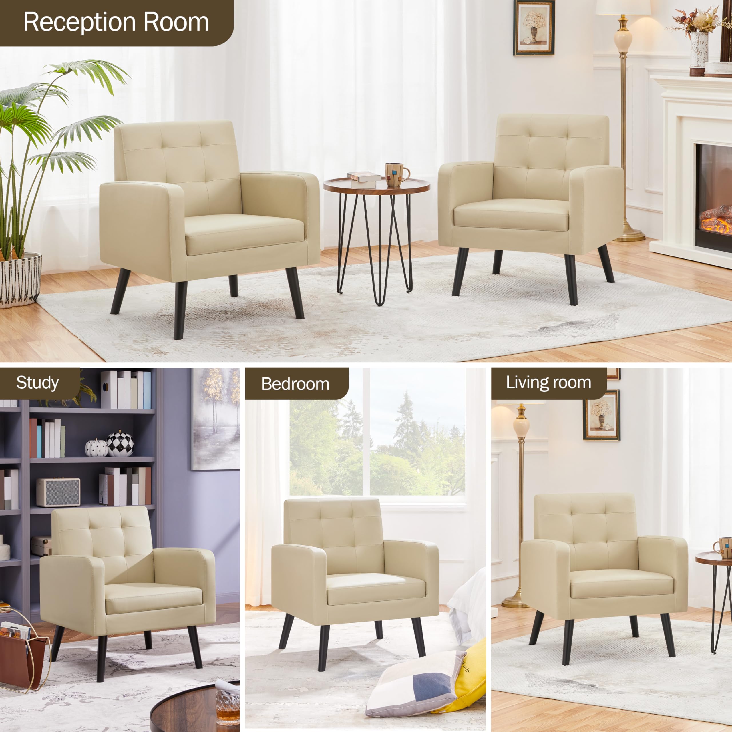 Yaheetech Mid-Century Modern Accent Chairs Set of 2 - PU Leather Upholstered Living Room Armchairs with Button Tufted Back & Wooden Legs, Comfortable Lounge Chairs for Bedroom, Office, Cafe or Reading Nook in Beige