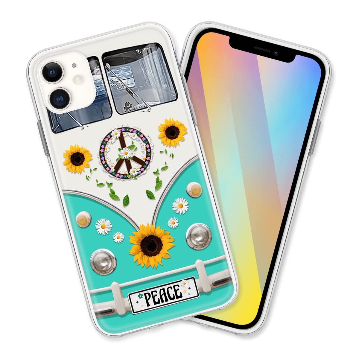 Hippie Sunflower Phone Case for iPhone 11 - Shockproof Protective Clear Cover with Peace Charm Decoration | Trendy Aesthetic Accessory for Music Festivals, Travel & Boho Lifestyle