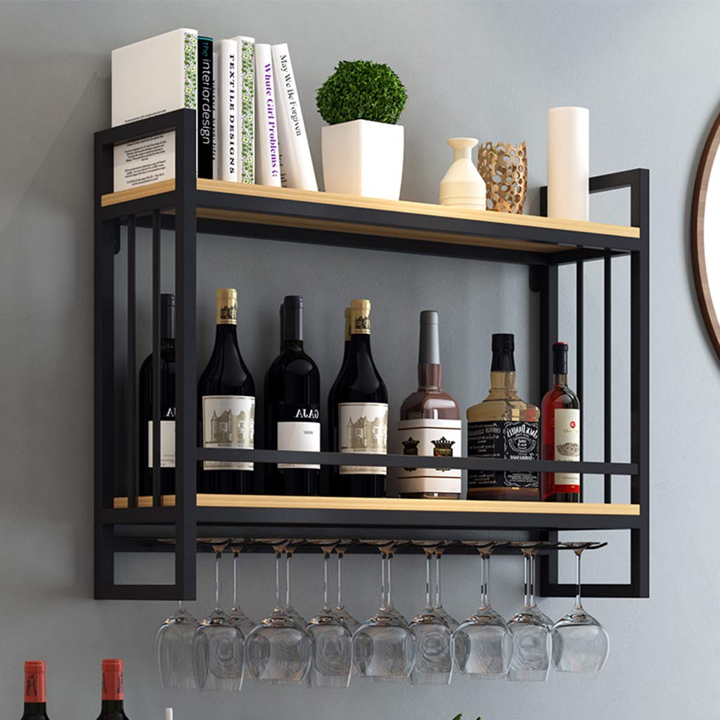 Wall-Mounted Wine Rack with Glass Holder - Wood & Metal Wine Shelf for Bottle Storage - Hanging Wine Glass Organizer - Space Saving Wine Storage Solution for Kitchen, Bar or Dining Room Decor