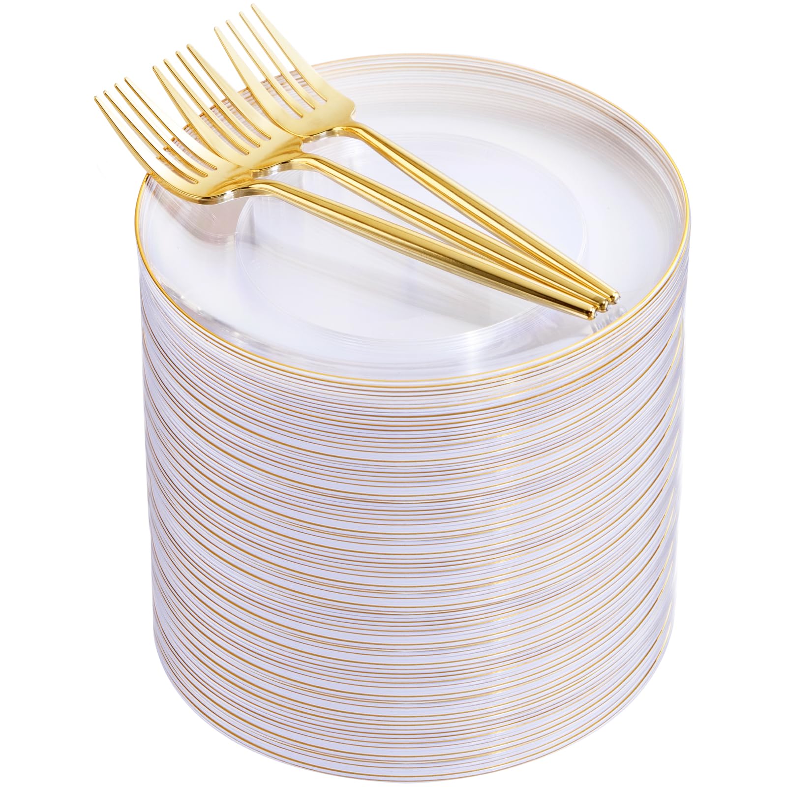 100-Pack Clear Gold Disposable Dessert Plates with Plastic Gold Forks - Elegant Wedding, Party, Birthday Cake Serving Plates for Events & Catering