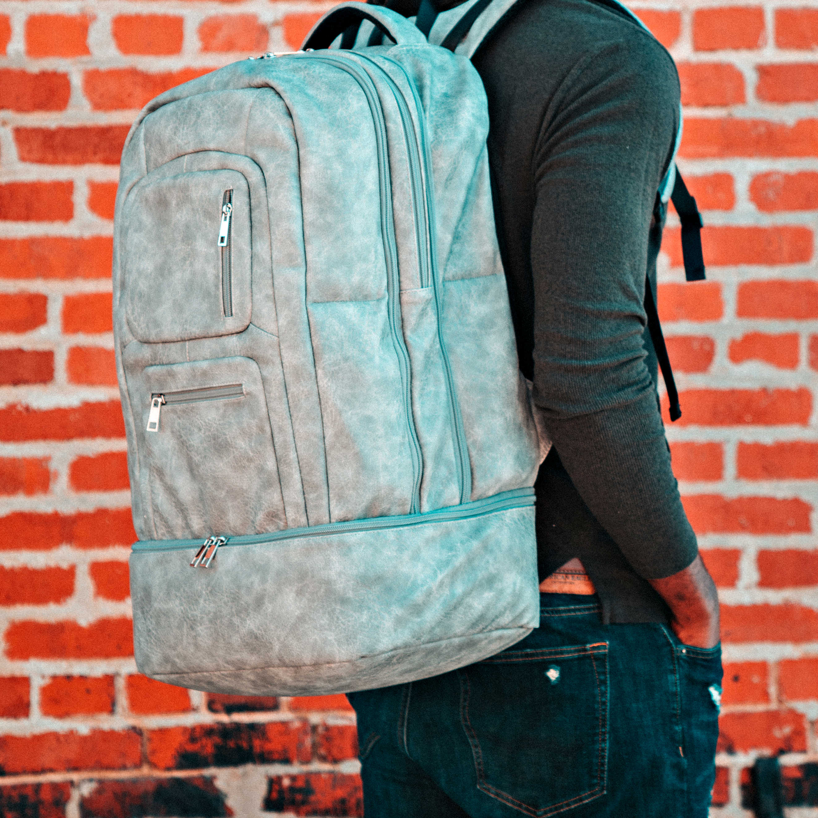 Premium Grey Leather Carry On Backpack - Patented Signature Design for Travel & Business - Perfect for Airplane, Commute & Weekend Getaways