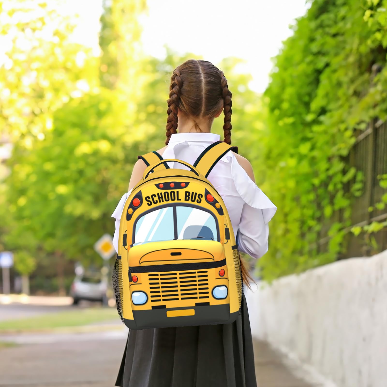 **Yellow Kids School Bus Backpack - Cartoon Pattern Bookbag for Boys & Girls - Durable Backpack for School, Travel & Daily Use**