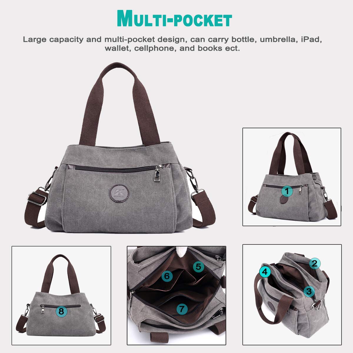 DOURR Women's Canvas Hobo Handbag - Multi Compartment Crossbody Tote Purse with Adjustable Strap, Medium Satchel Bag for Everyday Use, Work, Travel & Shopping
