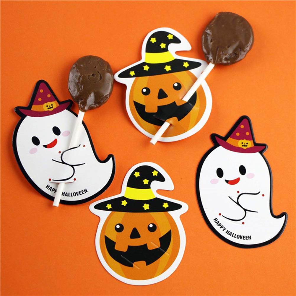 ABOOFAN 50pcs Halloween Lollipop Paper Cards - DIY Pumpkin Pattern Message Cards for Party Favors, Gift Wrapping & Halloween Decorations