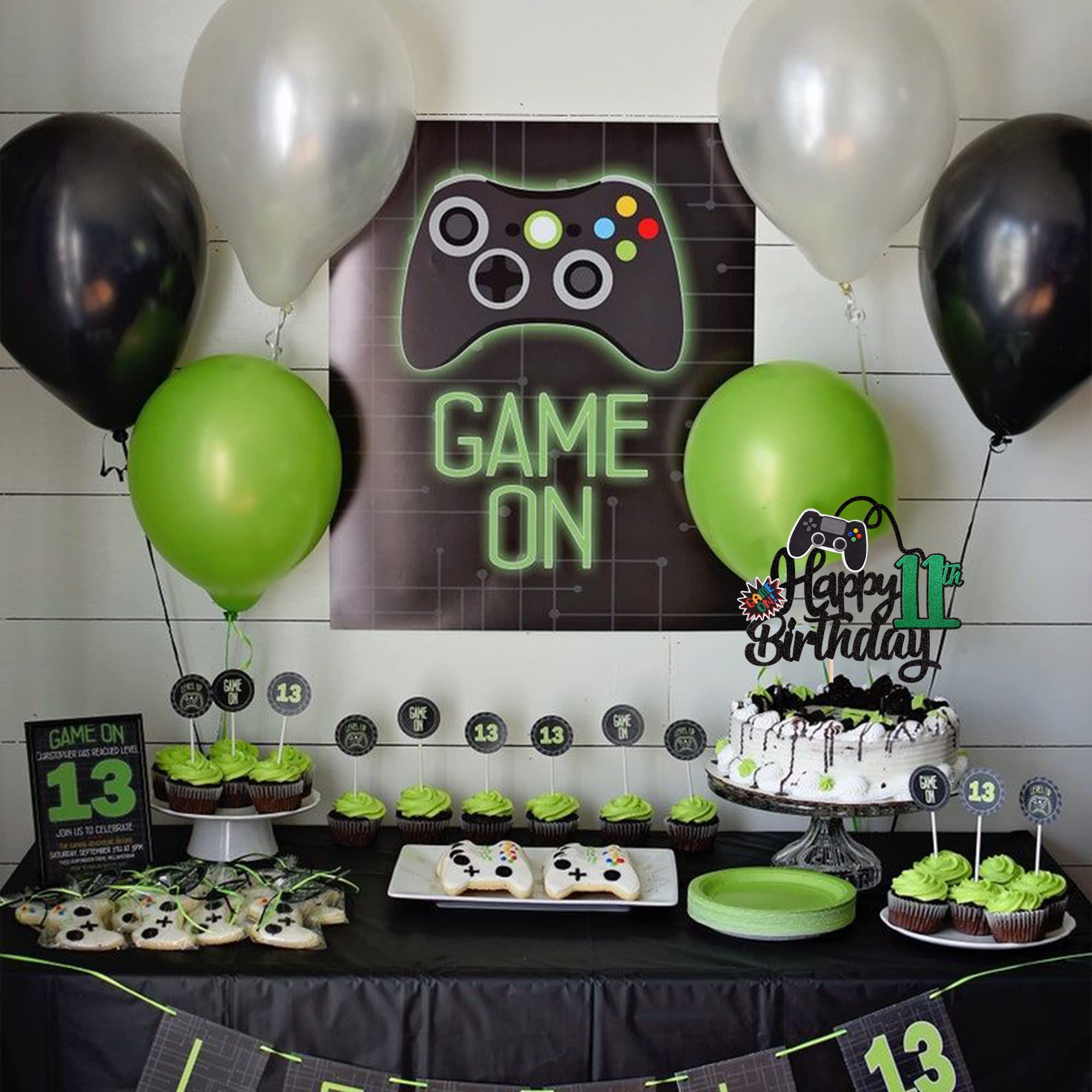 1 PCS Video Game Happy 11th Birthday Cake Topper - Glitter Game Controller Cake Pick - Eleven Cheers to 11 Years - Perfect for Birthday Party Decorations & Gaming Theme Cakes (Green)