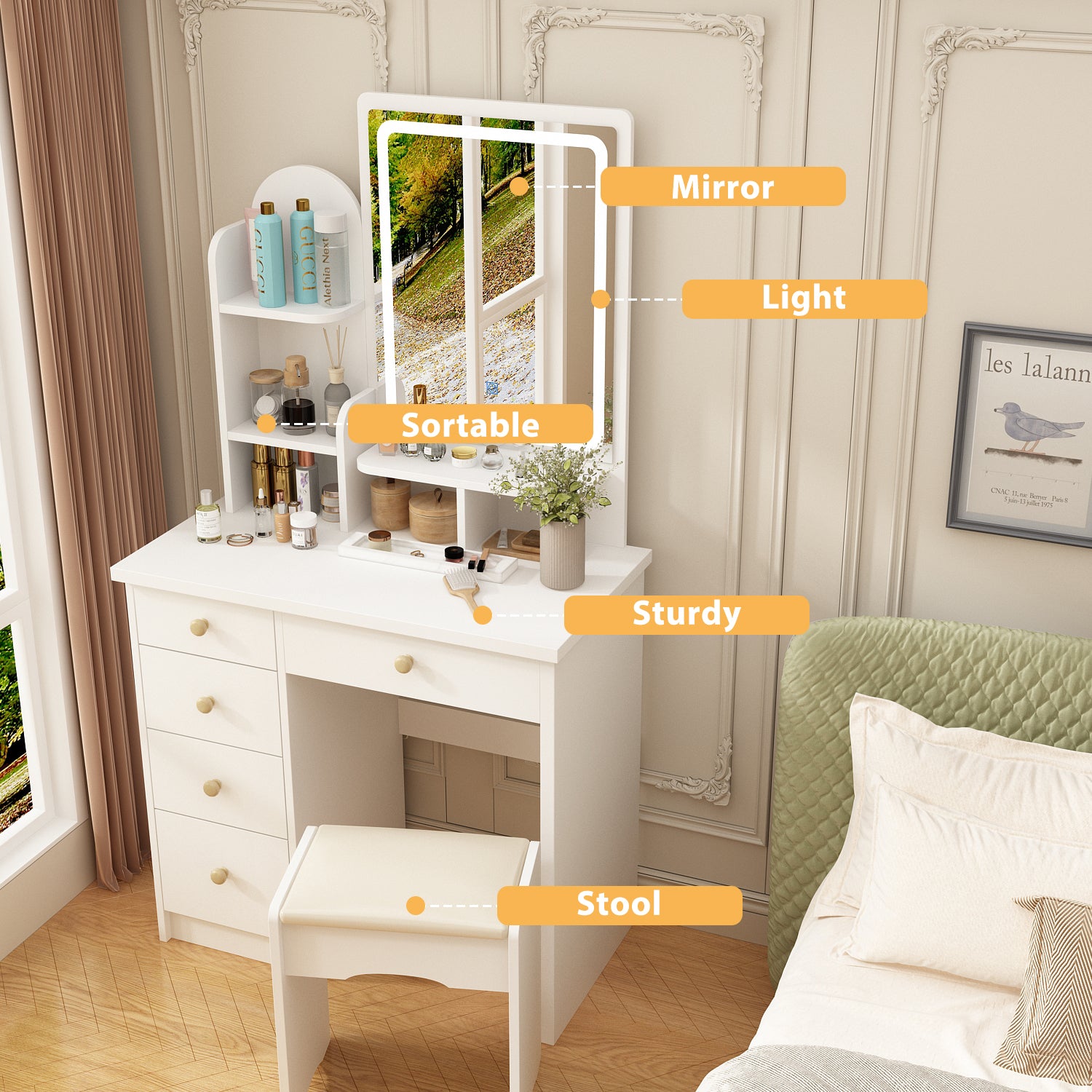 Vanity Set with Stool, Mirror, LED Lights & 3-Tier Storage Shelves - 5 Drawer Makeup Dressing Table for Bedroom, Bathroom & Salon (White) - Perfect for Makeup Organization & Beauty Routine