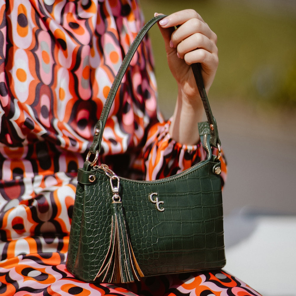 Galway Crystal Fashion Mini Shoulder Bag for Women - Forest Green Crocodile Embossed Crossbody Purse | Perfect for Work, Travel & Evening Out