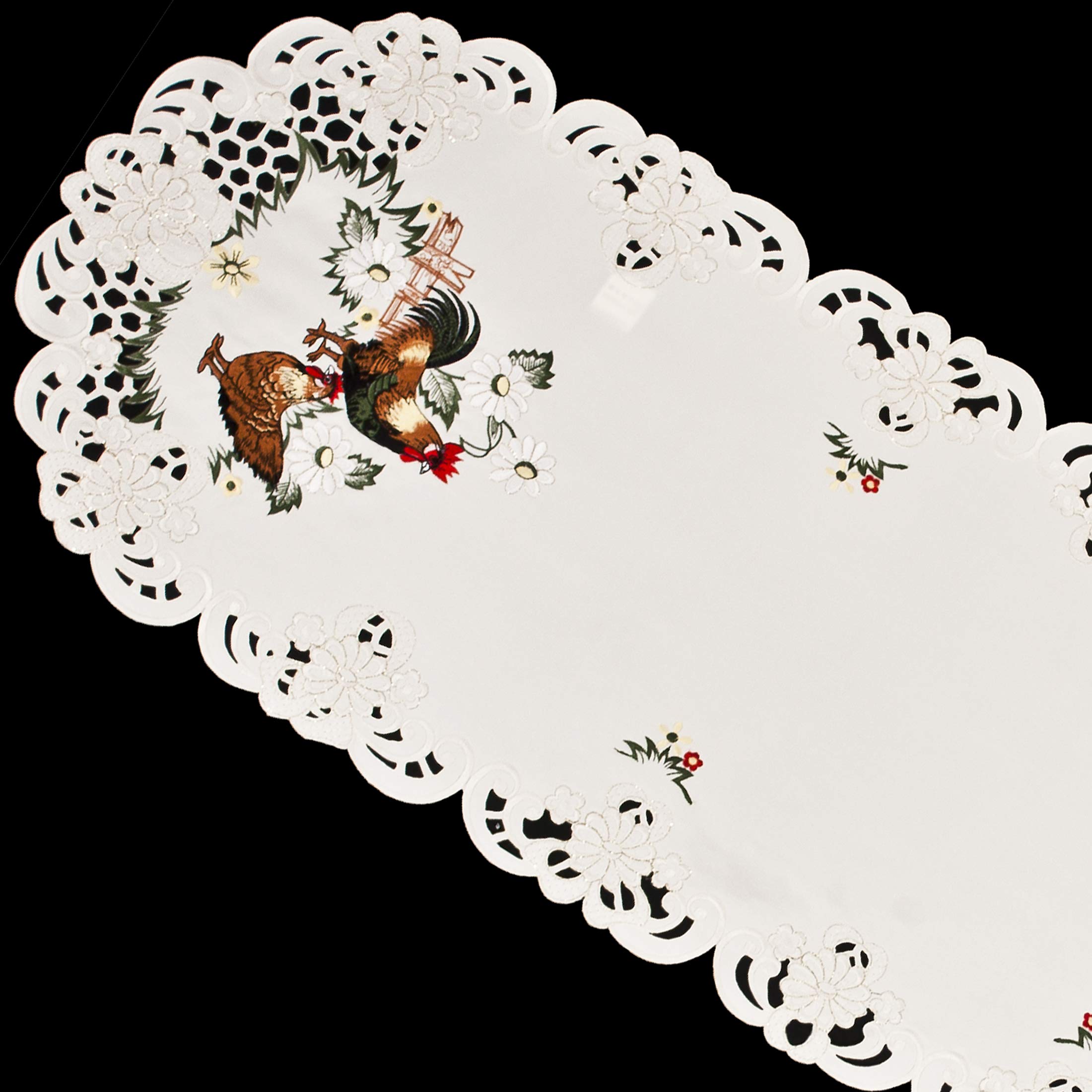 Embroidered Rooster Farmhouse Table Runner - Country Chic Lace Decor for Dining Table, Coffee Table or Dresser (15x54 Inches) - Perfect for Rustic Home Decor, Kitchen Decor and Farmhouse Style Weddings