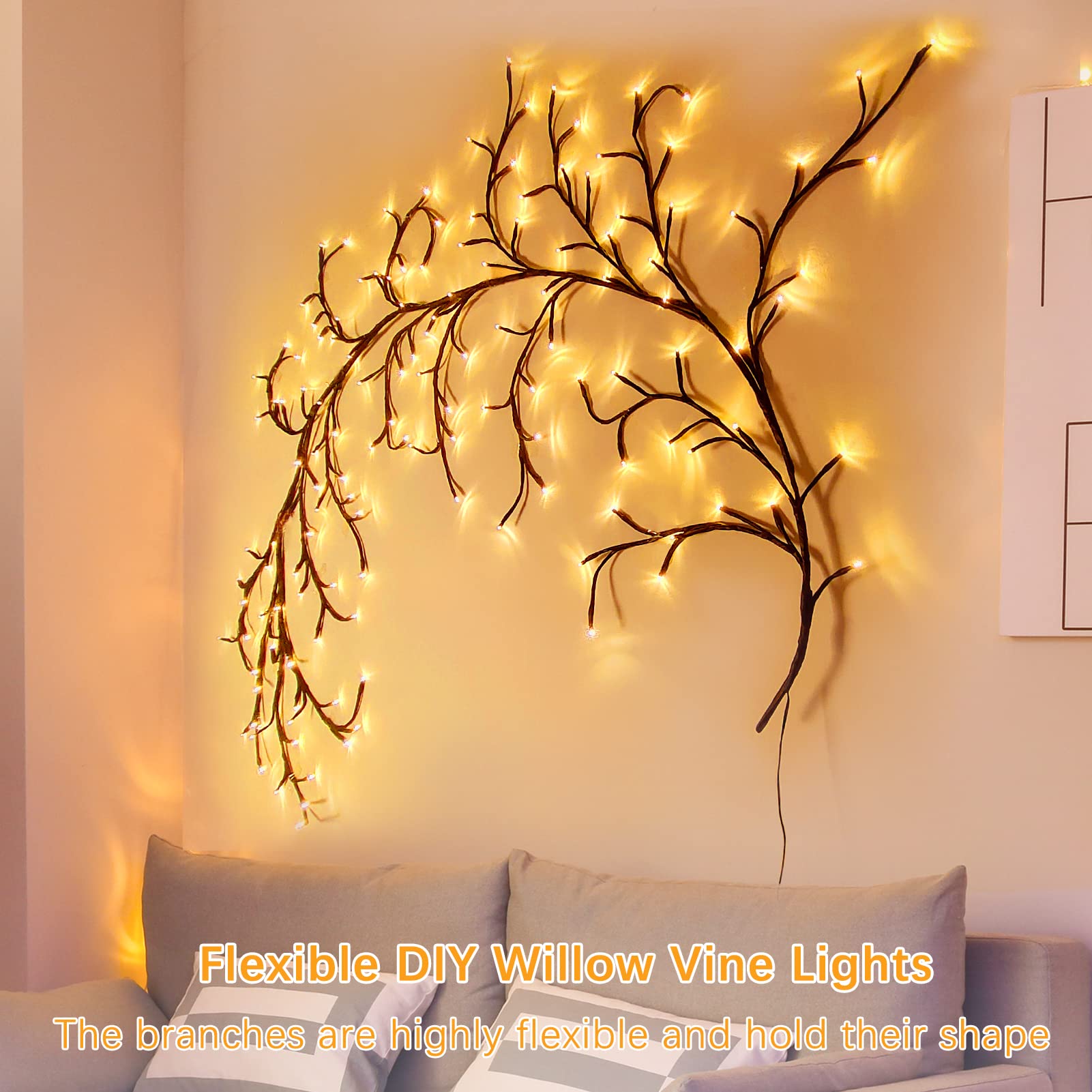 8FT Willow Vine Lights with Remote - 144 LED Fairy Lights for Indoor Wall Decor, Christmas Tree Branches, Enchanted Garden & Bedroom Lighting (1PCS) - Perfect for Home, Party & Wedding Decorations