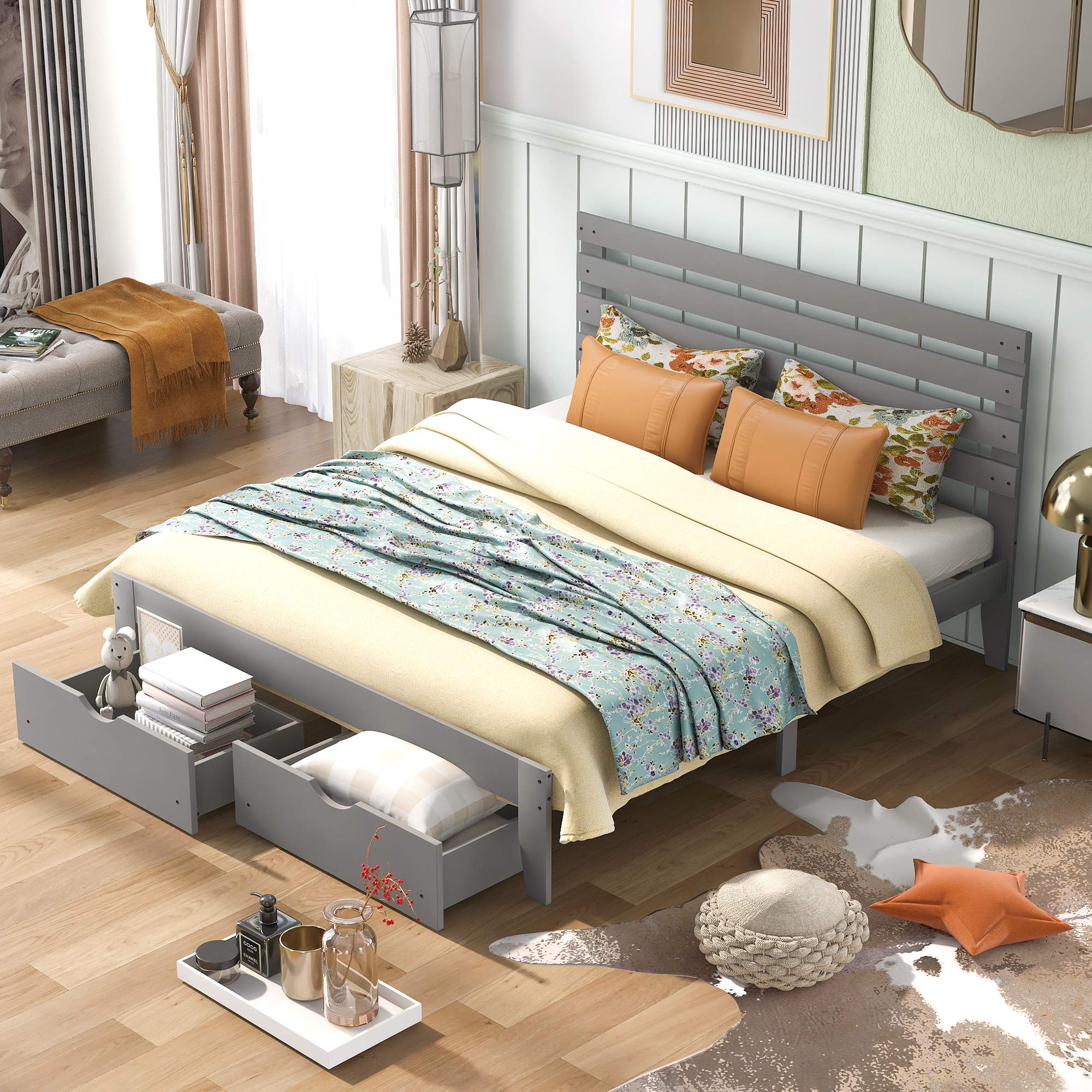 Solid Wood Platform Bed with Storage Drawers - Queen Size Gray Wooden Storage Bed Frame for Kids, Teens & Adults - No Box Spring Needed - Space Saving Bedroom Furniture for Small Spaces & Modern Homes