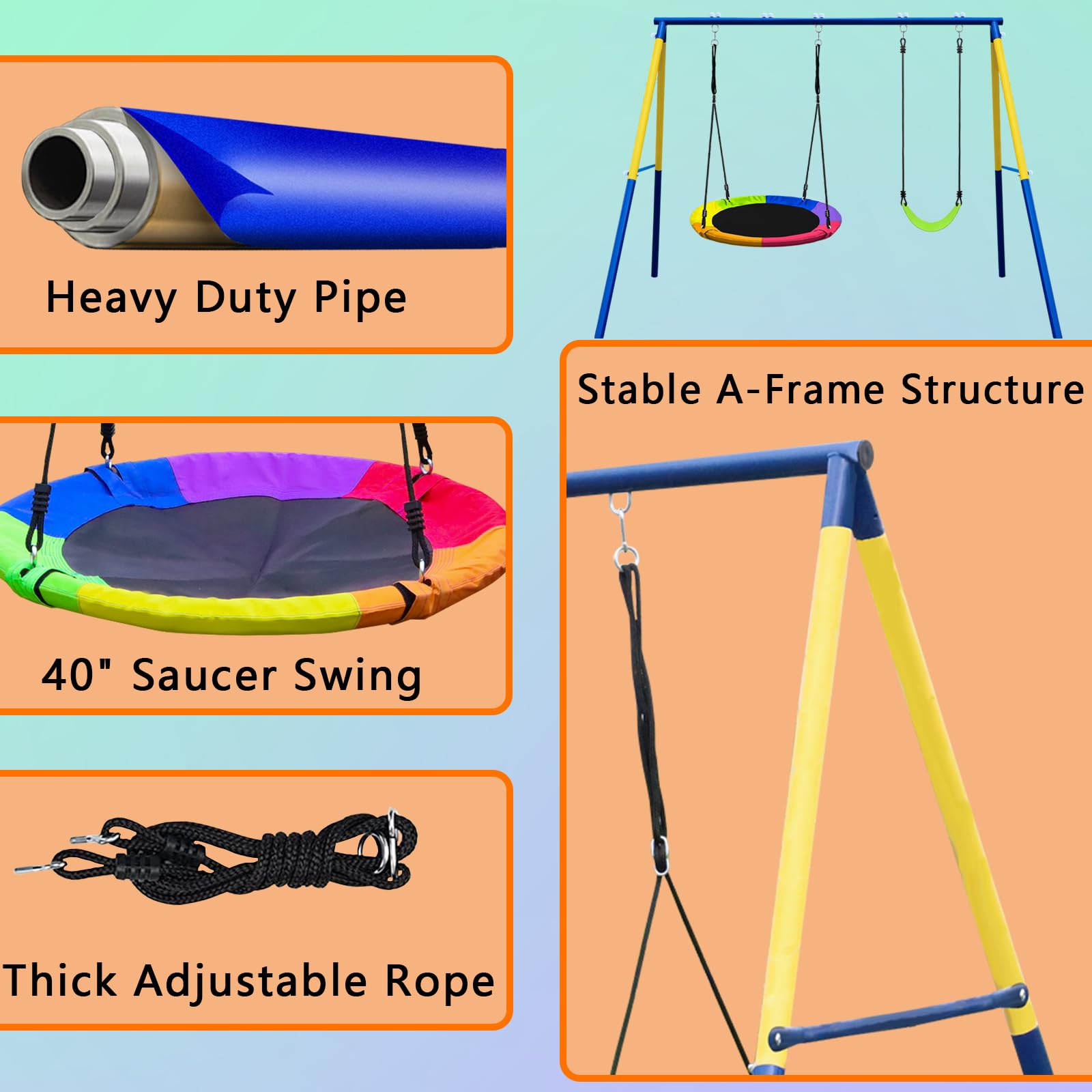 440lbs Heavy Duty 2-Seat Metal Swing Set for Backyard - Includes 1 Saucer Swing & 1 Belt Swing Seat with A-Frame Stand | Outdoor Playset for Kids | Perfect for Gardens, Parks & Backyard Fun