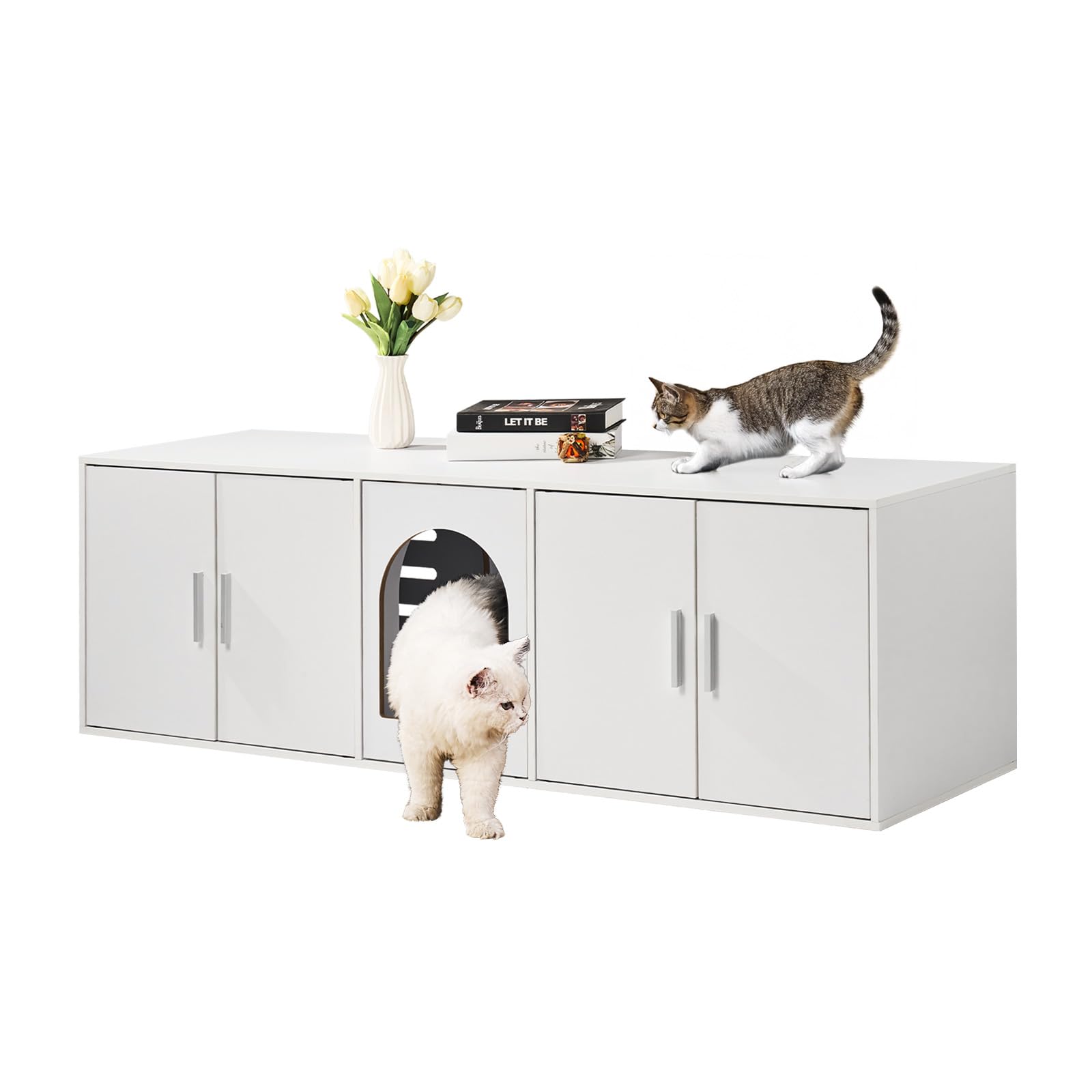 VEVOR Double Cat Litter Box Enclosure Furniture - Hidden Wooden Cabinet for 2 Cats with 2 Rooms, Fits Most Litter Boxes (57.9