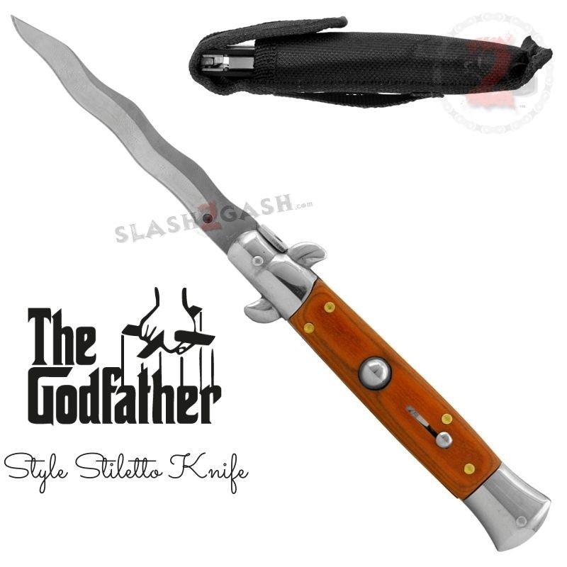 Italian Stiletto Automatic Knife - KRISS Snake Blade with Wavy Rosewood Handle | Tactical, Outdoor, Survival & EDC Use
