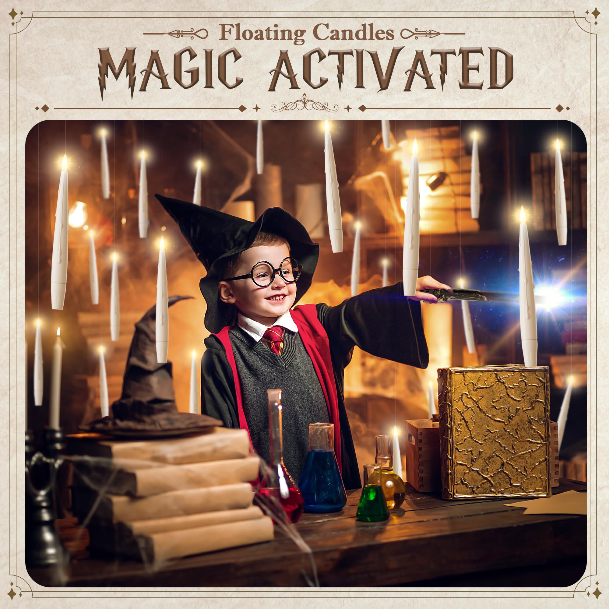 20 Pack Battery Operated Floating Candles with Wand Remote - Flameless Magic Hanging Taper Candles for Christmas, Halloween, Weddings & Home Decor (Ivory) - Perfect for Centerpieces, Fireplace Displays & Party Lighting