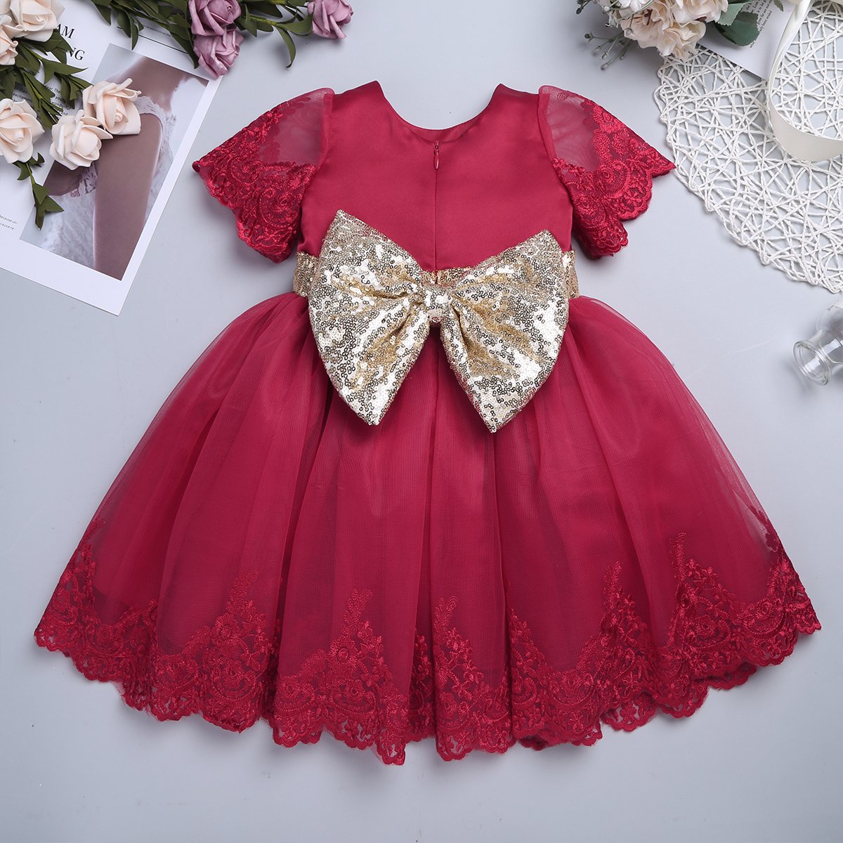 iEFiEL Baby Girls Embroidered Short Sleeve Sequin Bow Princess Dress - Perfect for Pageants, Weddings, Communion & Birthday Parties | Elegant Party Outfit for Special Occasions