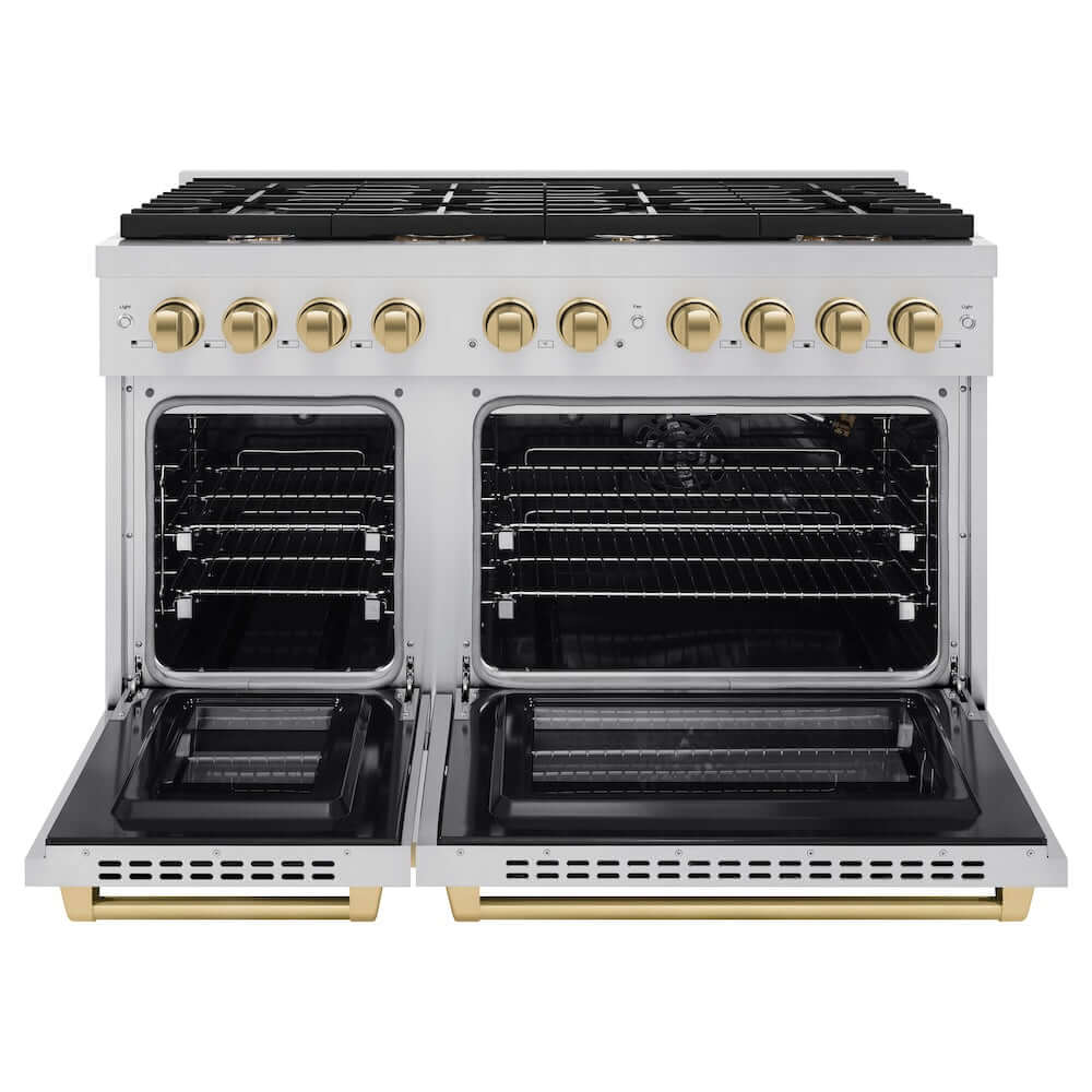 ZLINE Autograph Edition 48-inch 6.7 cu. ft. Paramount Double Oven Gas Range with 8 Burner Cooktop - Stainless Steel & Champagne Bronze Accents (SGRZ 48 CB) | Professional Kitchen Appliance for Home Chefs & Entertaining