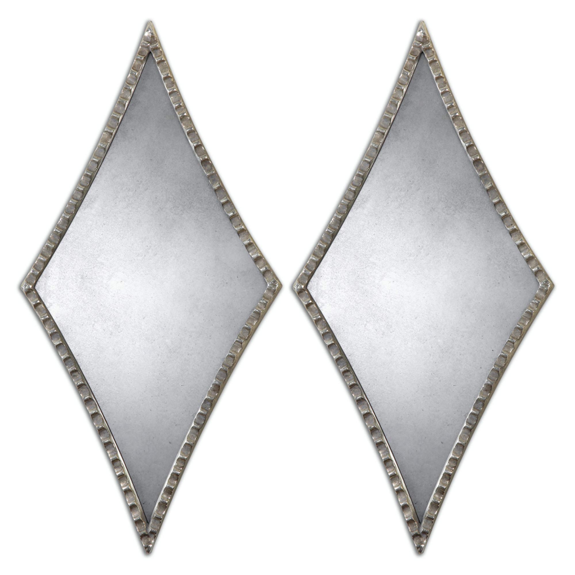 Set of 2 Gaston Diamond-Shaped Wall Mirrors with Oxidized Silver Scalloped Frames - Elegant Home Decor for Living Room, Bedroom & Entryway