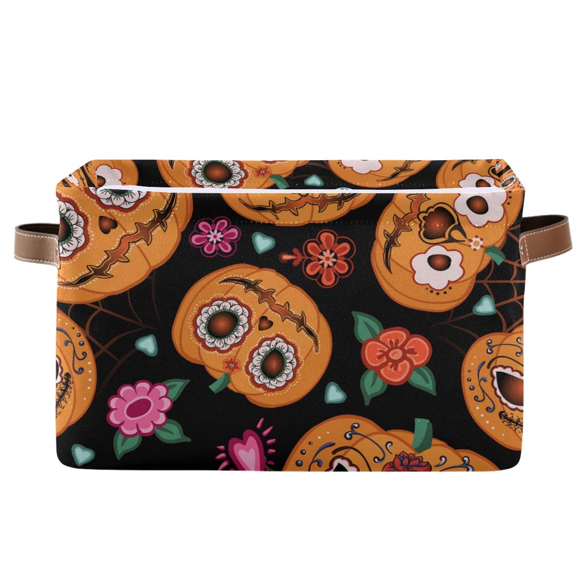 AGONA Large Foldable Storage Bin - Halloween Cartoon Pumpkin Flower Fabric Basket with Leather Handles | Collapsible Decorative Organizer for Home, Closet, Bedroom & Nursery (1 Pack) | Perfect for Seasonal Decor, Toy Storage & Space Saving Organization