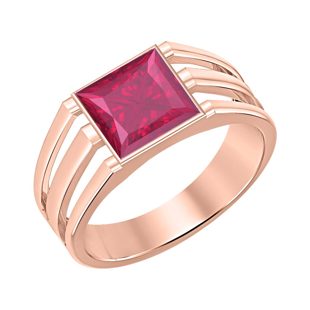 14K Rose Gold Plated Solitaire Princess Cut Pink Ruby Men's Wedding Band Engagement Ring - Elegant Jewelry for Grooms, Proposals & Anniversaries