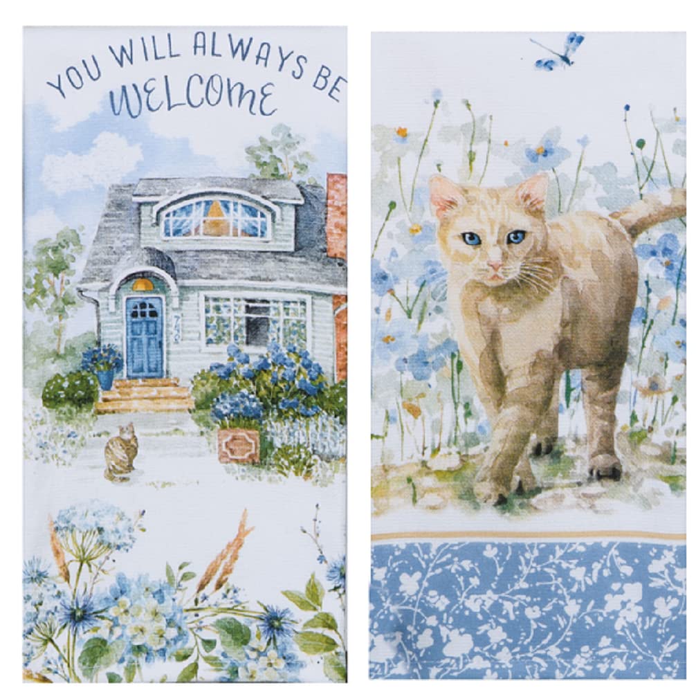 Boho Blue Cotton Dish Towels Set of 2 - Dual Purpose Kitchen Linens for Washing & Drying Dishes | Perfect for Cottage, Farmhouse & Boho Style Kitchens