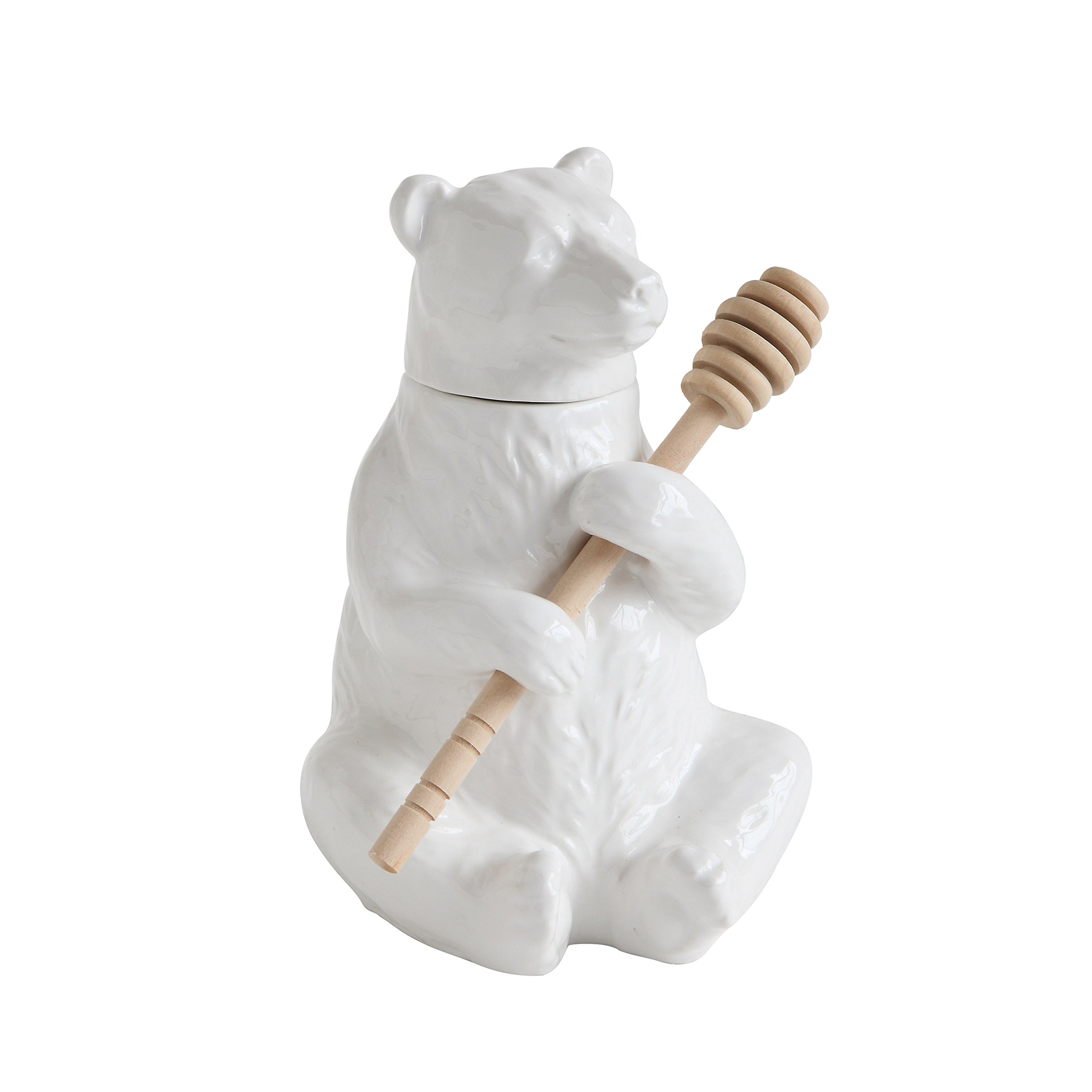 Creative Co-Op White Bear Shaped Honey Pot with Lid & Bamboo Dipper - Cute Honey Container for Tea, Coffee, Breakfast & Gift Giving - Perfect for Kitchen, Dining Table & Home Decor