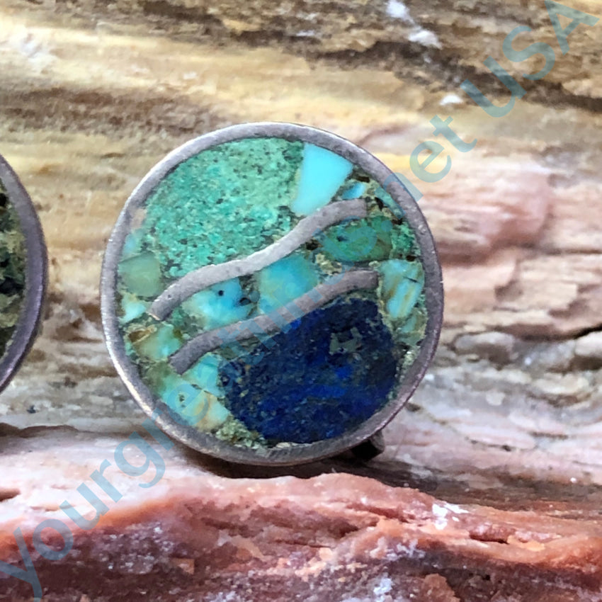 Vintage Mexican Los Castillo Turquoise Chip Mosaic Screw Back Earrings - Handmade Silver Jewelry for Women - Perfect for Boho, Western & Festival Fashion