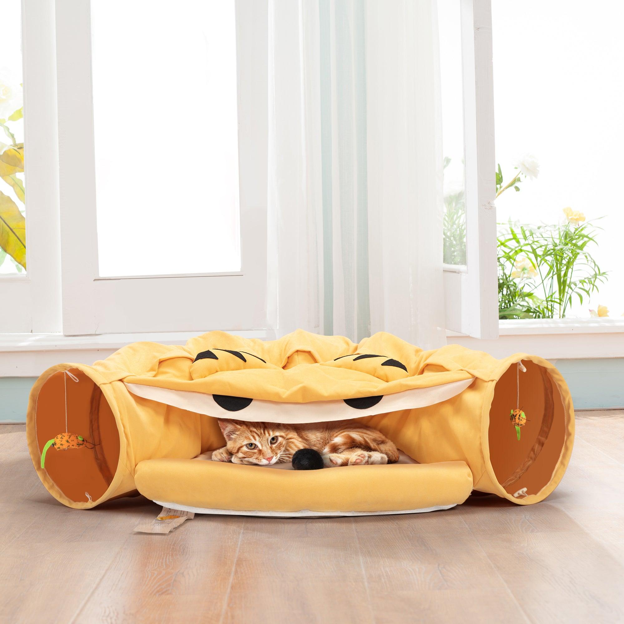 Expandable Cat Tunnel with Cushioned Bed & Teaser Balls - Interactive Play & Nap Space for Indoor Cats - Yellow Pet Nest with Zipper Connection - Feline Toys & Comfort Supplies for Kittens & Adult Cats