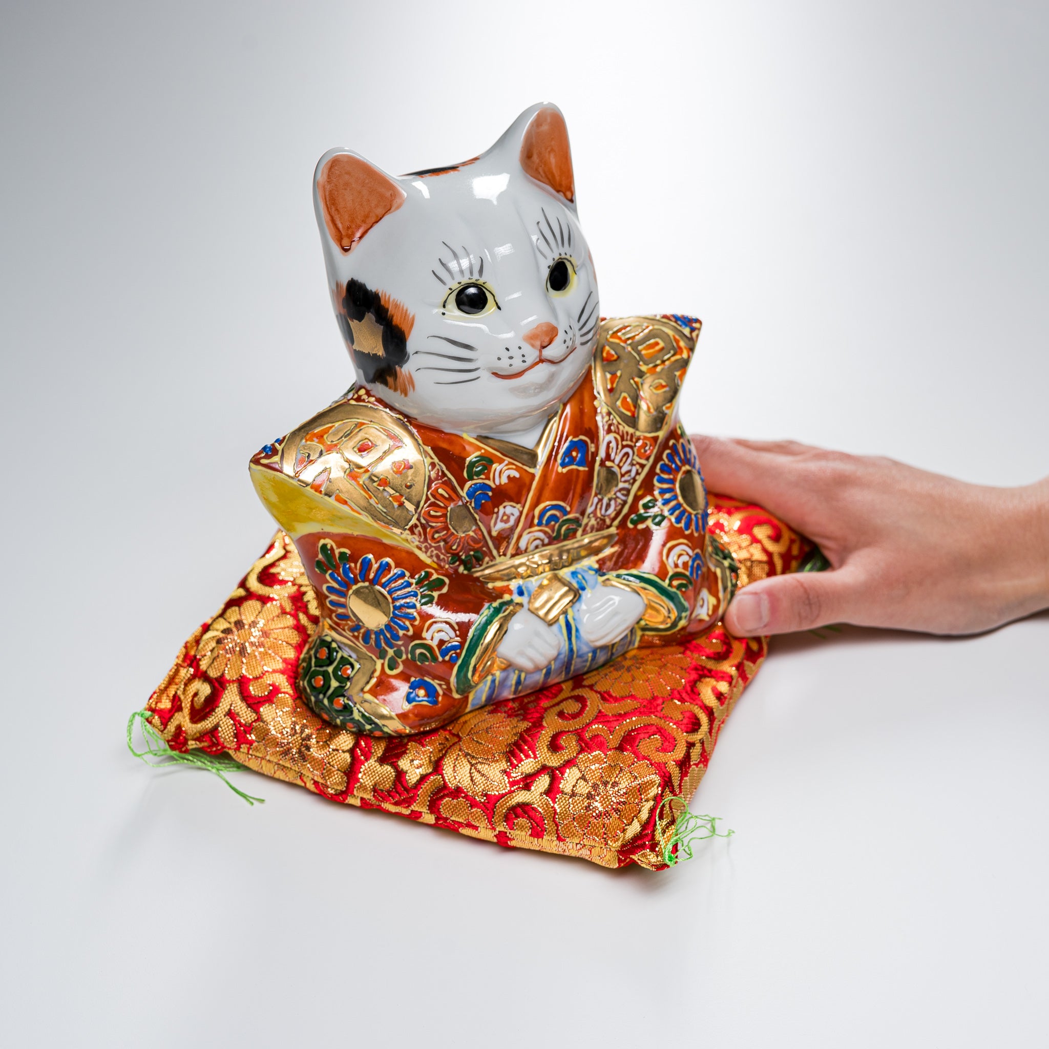 Kutani Ware Shogun Cat Lucky Charm - Japanese Handcrafted Ceramic Animal Ornament for Home Decor, Office Feng Shui, and Gift Giving