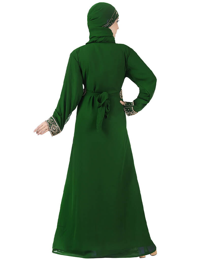 Elegant Arabic Green Georgette Kaftan with Handcrafted Zari Embroidery - Perfect for Weddings, Parties & Special Occasions