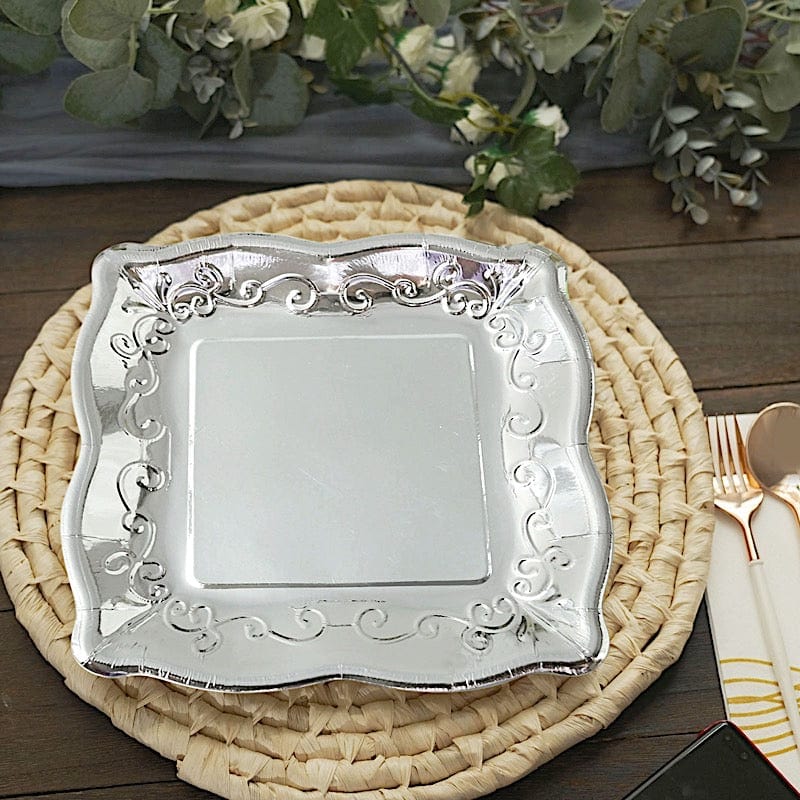 25 Pack Square Disposable Dessert Plates with Elegant Scroll Design - Perfect for Parties, Weddings, and Dinner Events