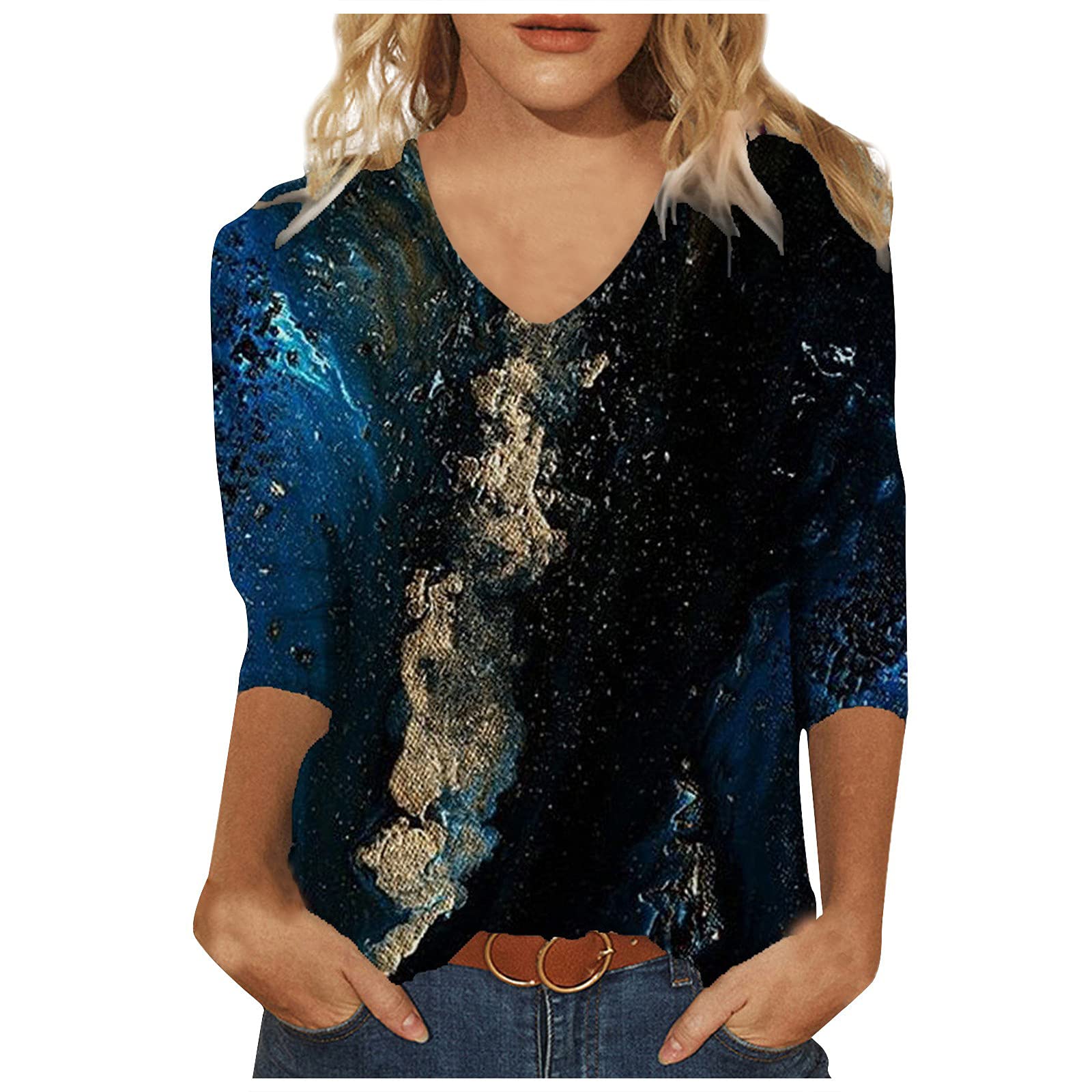 Women's 3/4 Sleeve Marble Print Tee Shirts - Casual V-Neck Loose Lightweight Henley Tops for Everyday Wear & Summer Outfits