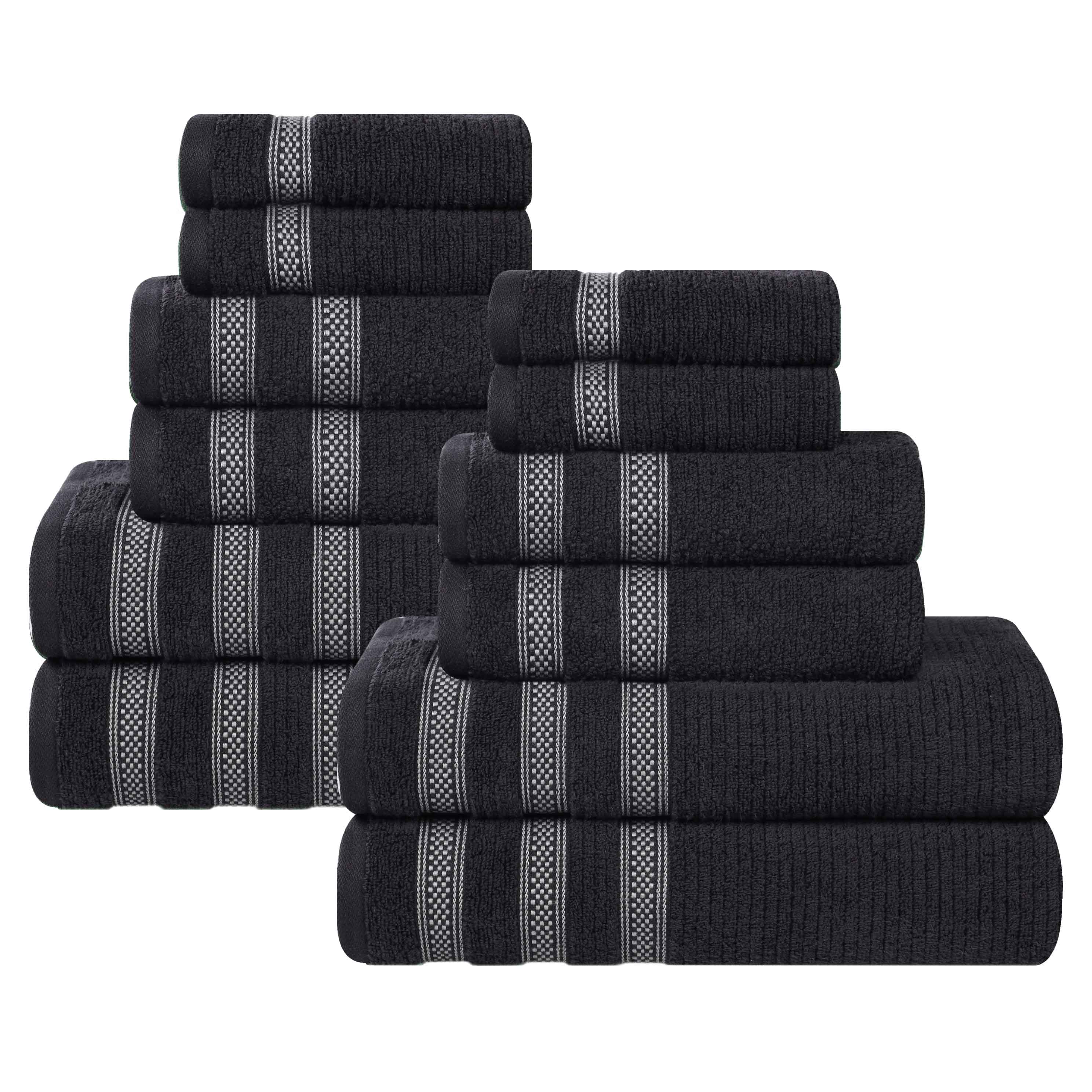 12-Piece Zero Twist Cotton Ribbed Geometric Border Plush Towel Set | Ultra Soft & Absorbent Bath, Beach & Gym Towels for Home & Travel