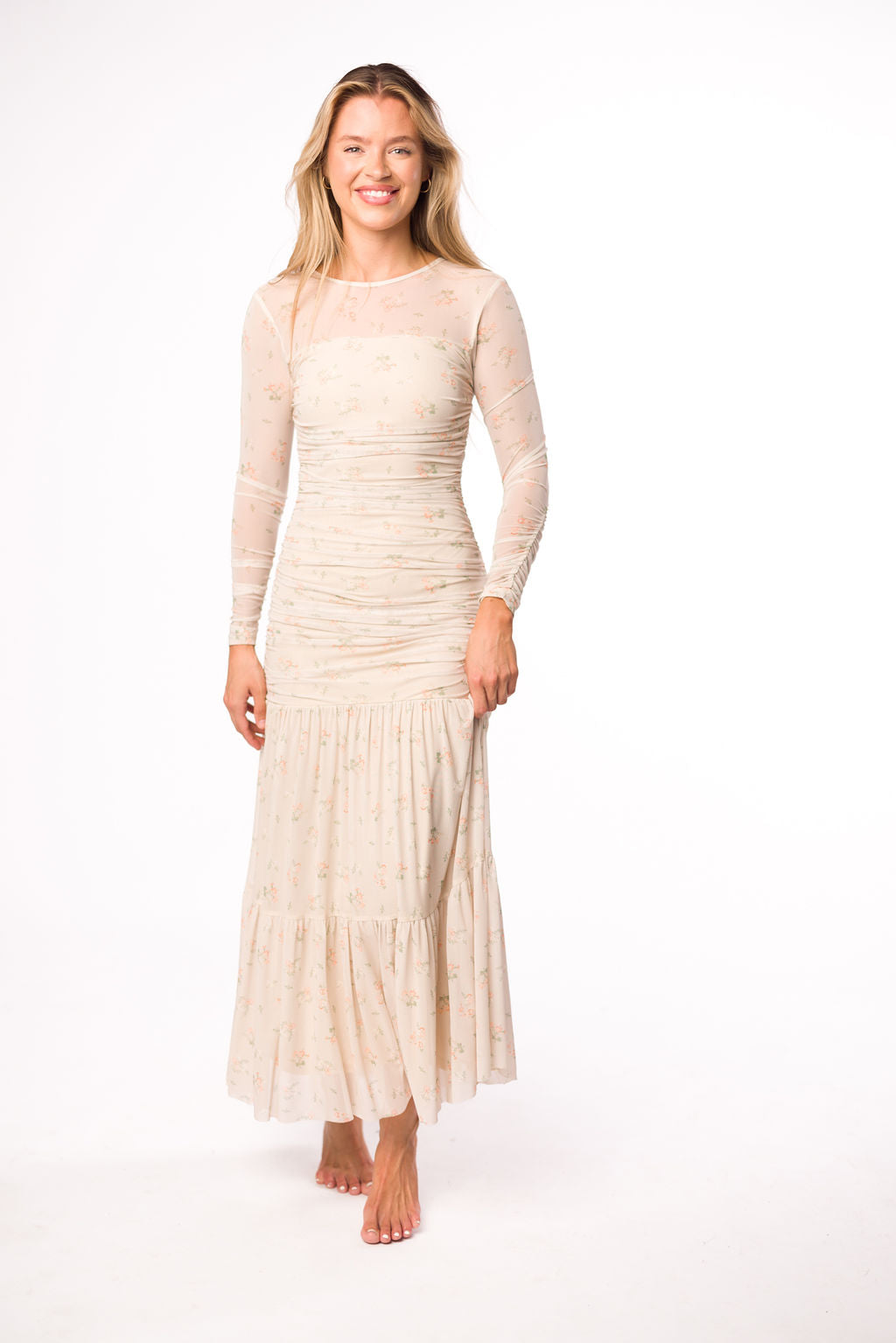 Camille Mesh Gathered Side Seam Maxi Dress in Nude Multi Floral - Bump Friendly Maternity Dress for Pregnancy, Nursing & Special Occasions | Perfect for Baby Showers, Weddings & Summer Vacations