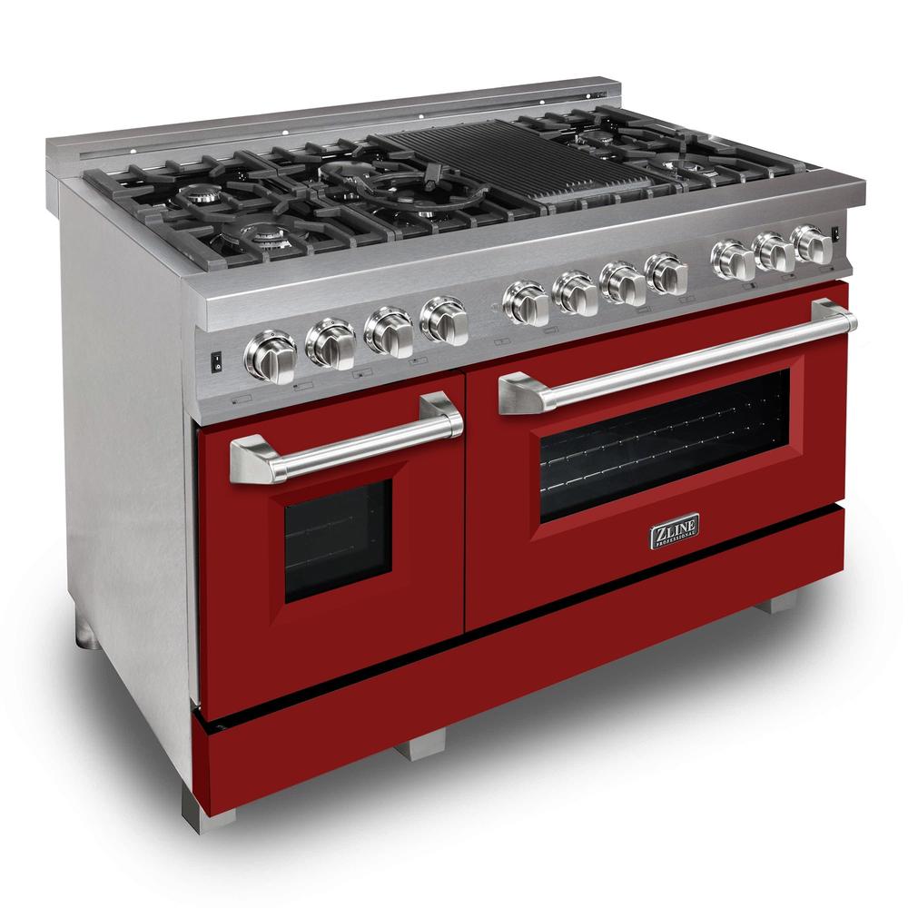 ZLINE 48-Inch 6.0 cu. ft. Dual Fuel Range with 7-Burner Gas Cooktop & 2 Electric Ovens - Satin Stainless Steel with Red Matte Doors (RAS RM 48) - Ideal for Professional Home Kitchens and Gourmet Cooking