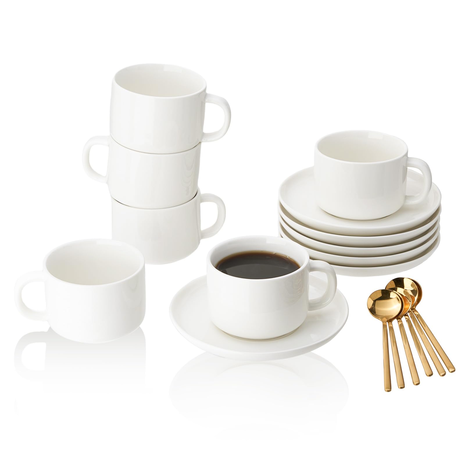 6-Pack White Porcelain Coffee Cups with Saucers & Spoons - 7 oz Cappuccino, Tea, Espresso, Latte, Mocha Serving Set - Perfect for Home, Office, Cafe & Restaurant Use