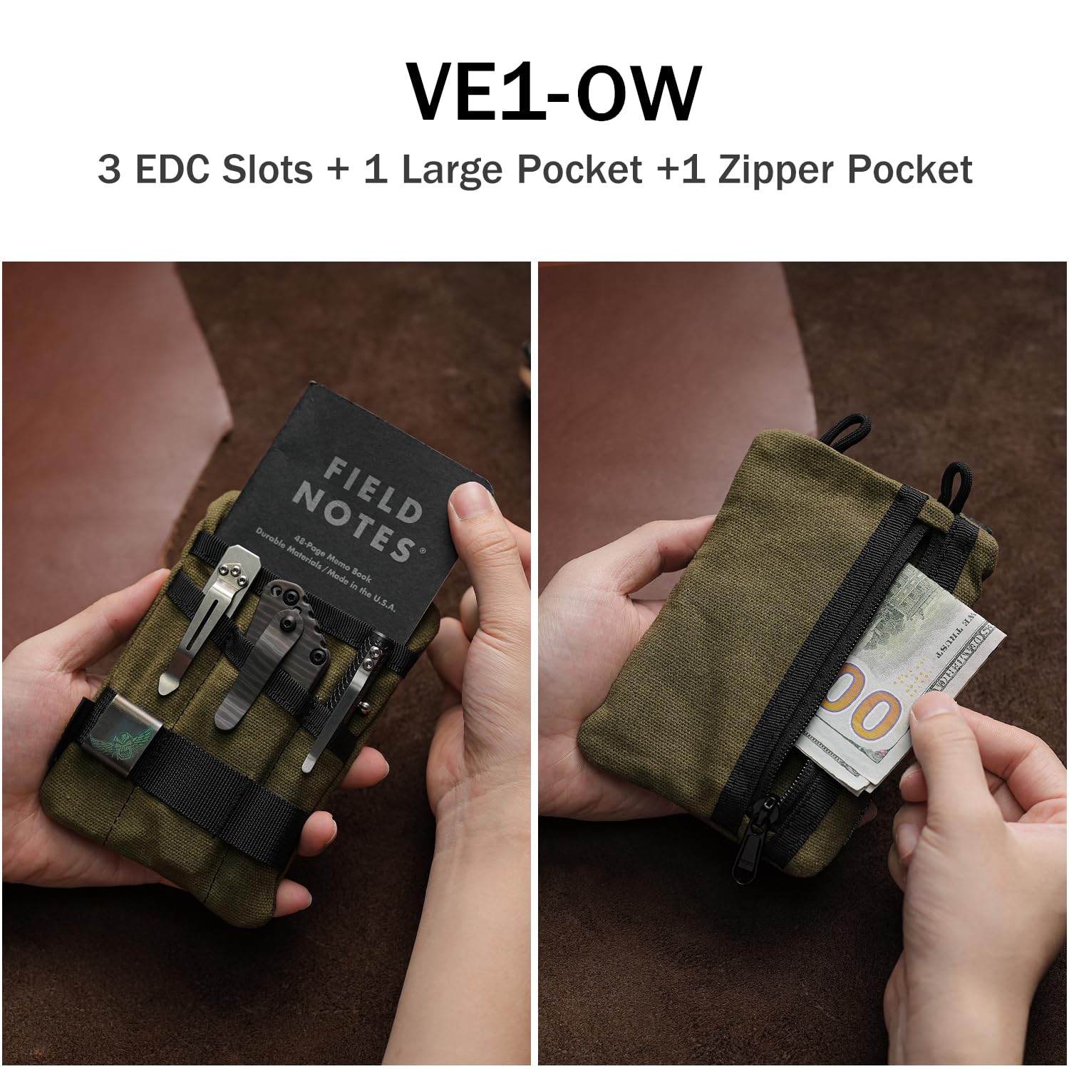 Viperade VE1-OW Waxed Canvas EDC Pocket Organizer - 5 Pocket Tool Pouch for Flashlight, Multitools, Pen & Notebook (Green) | Compact Carry Solution for Everyday Essentials & Outdoor Adventures