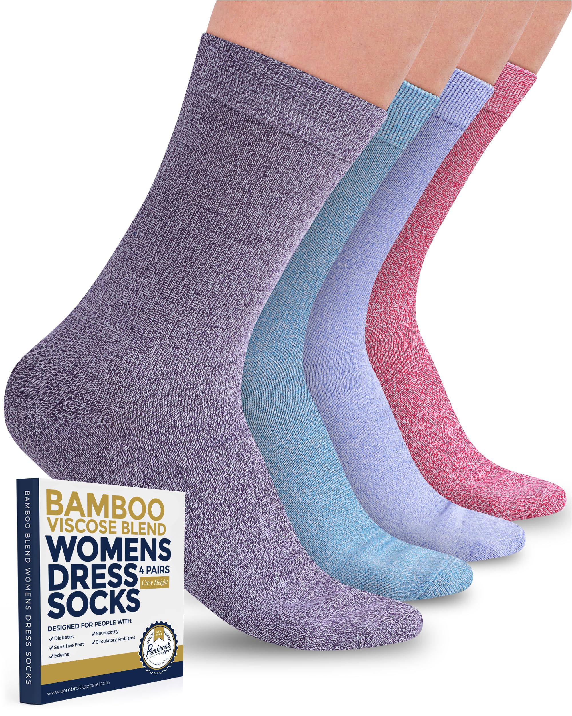 Pembrook Women's Bamboo Viscose Dress Socks - 4 Pairs Moisture-Wicking Thin Crew Socks for Work & Casual Wear | Breathable Comfort for Office, Travel & Everyday Use
