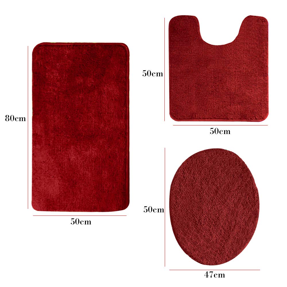 MIFXIN 3-Piece Bath Rug Set - Anti-Slip Absorbent Soft Bathroom Mats with U-Shaped Toilet Mat, Shower Floor Mat & Toilet Lid Cover (Red) - Perfect for Bathroom Safety and Comfort, Ideal for Home, Apartment, and Hotel Use