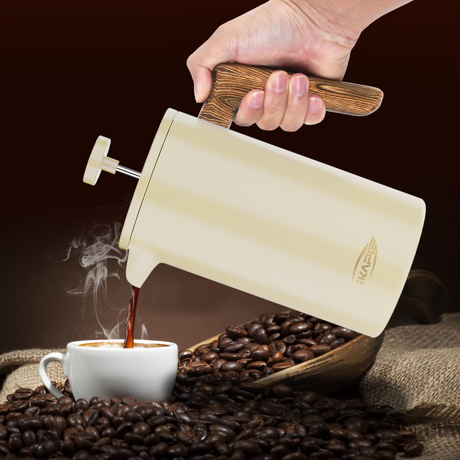 IKAPE 34 OZ French Press Coffee Maker - 304 Stainless Steel Espresso & Tea Brewer with 4-Level Filtration System (Yellow) | Perfect for Home, Office & Camping Use