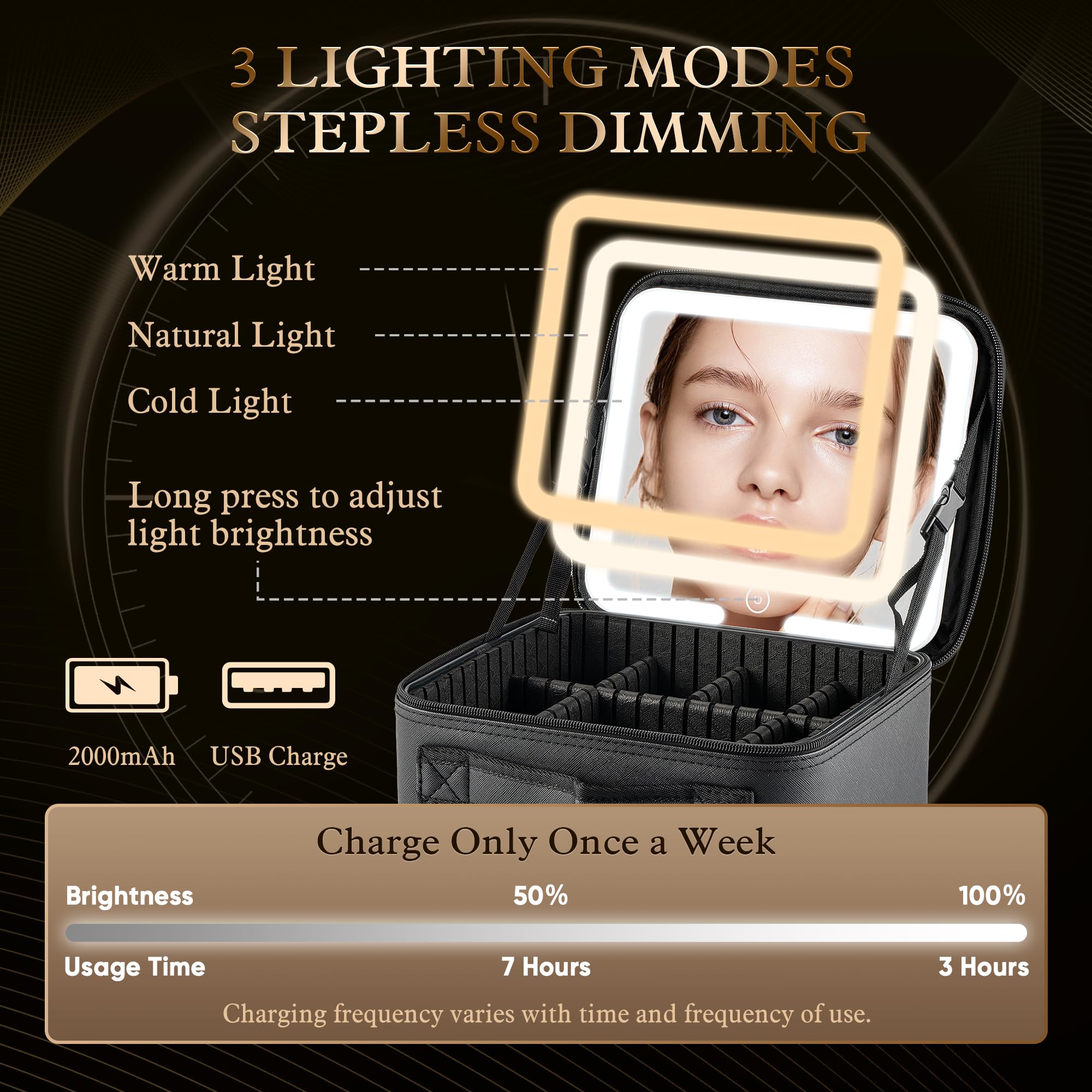 LED Makeup Bag with Mirror - 3 Adjustable Lights & Dividers for Travel & Home